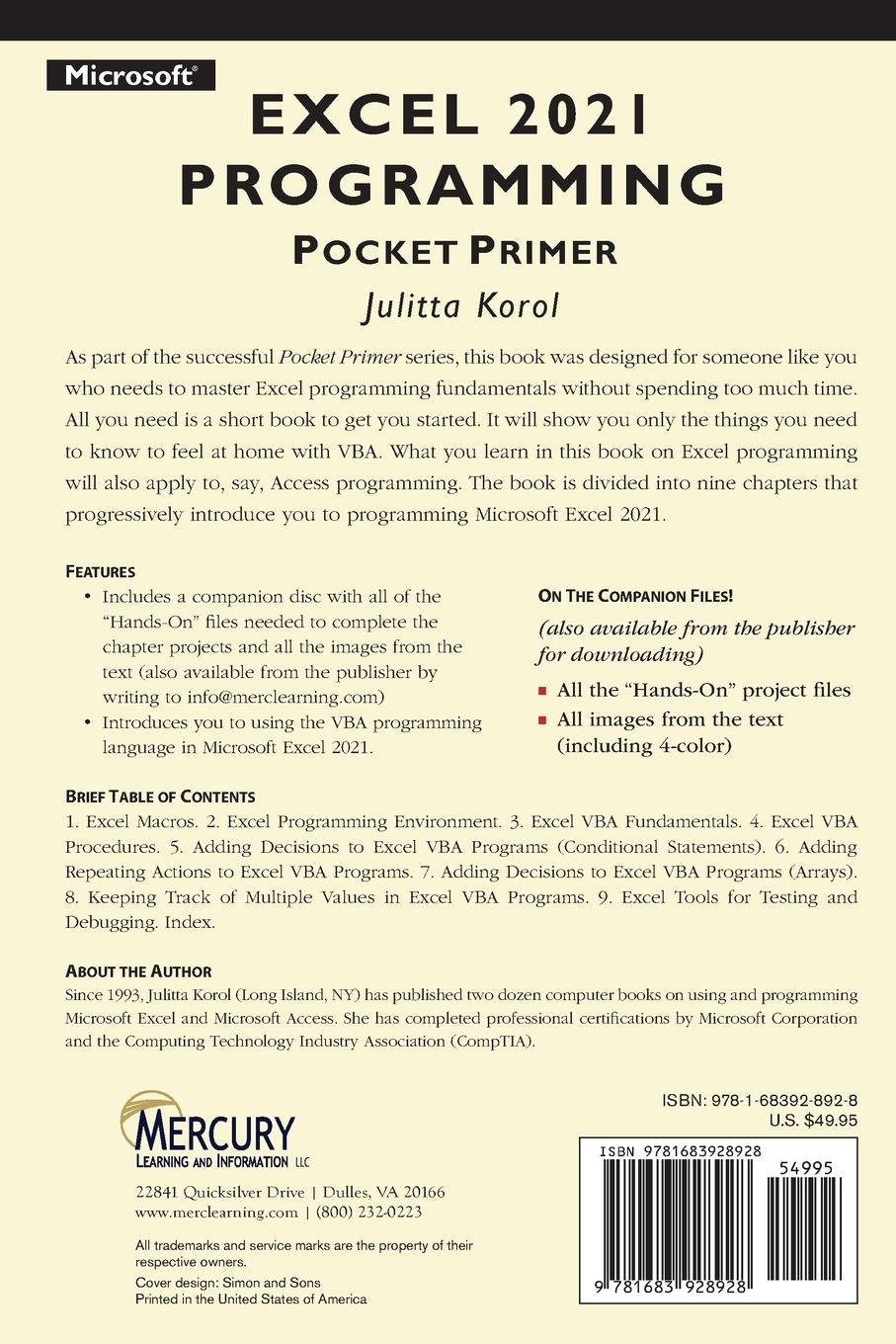 Rückseitencover Microsoft Excel 2021 Programming Pocket Primer