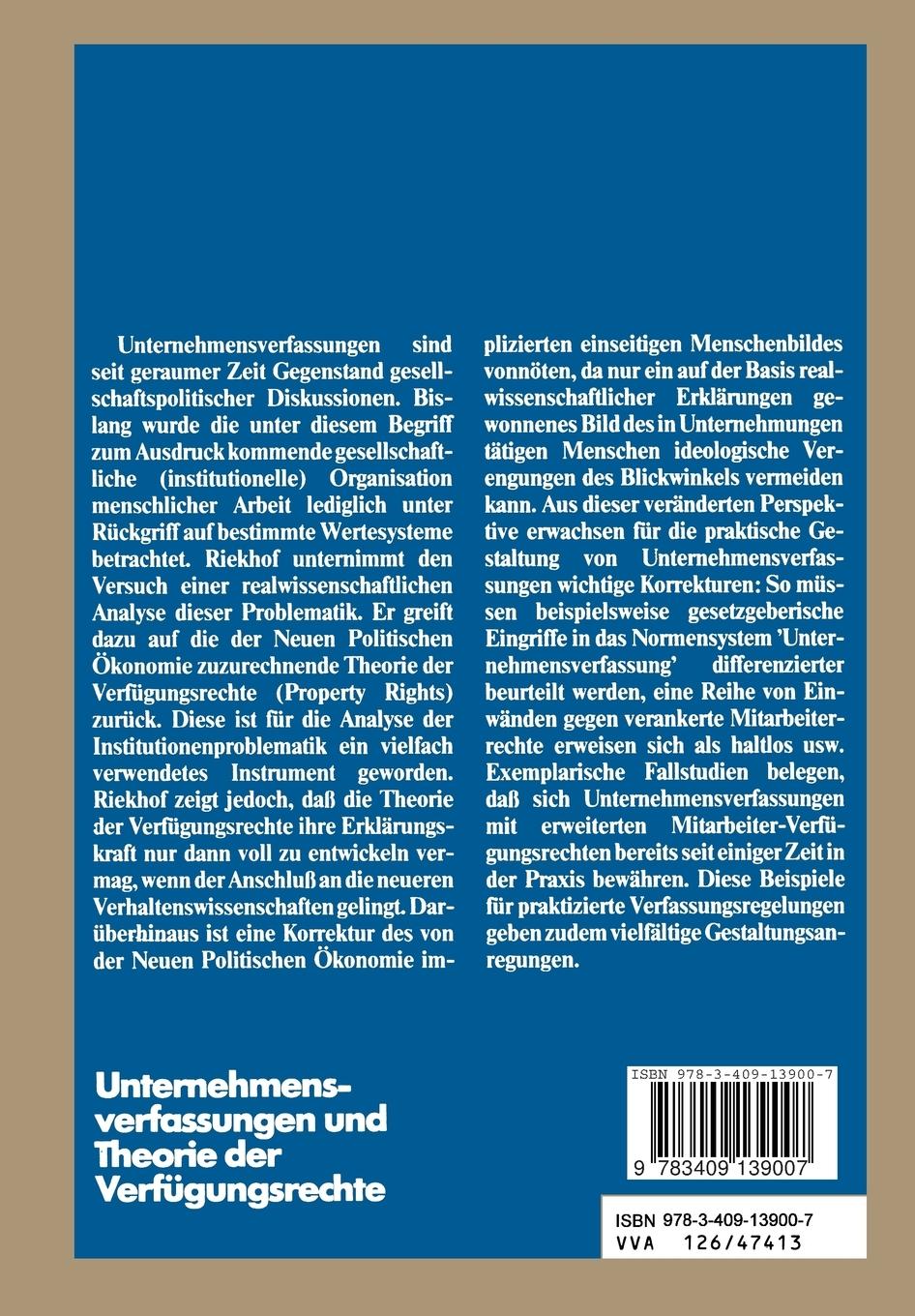 Rückseitencover Unternehmensverfassungen und Theorie der Verfügungsrechte