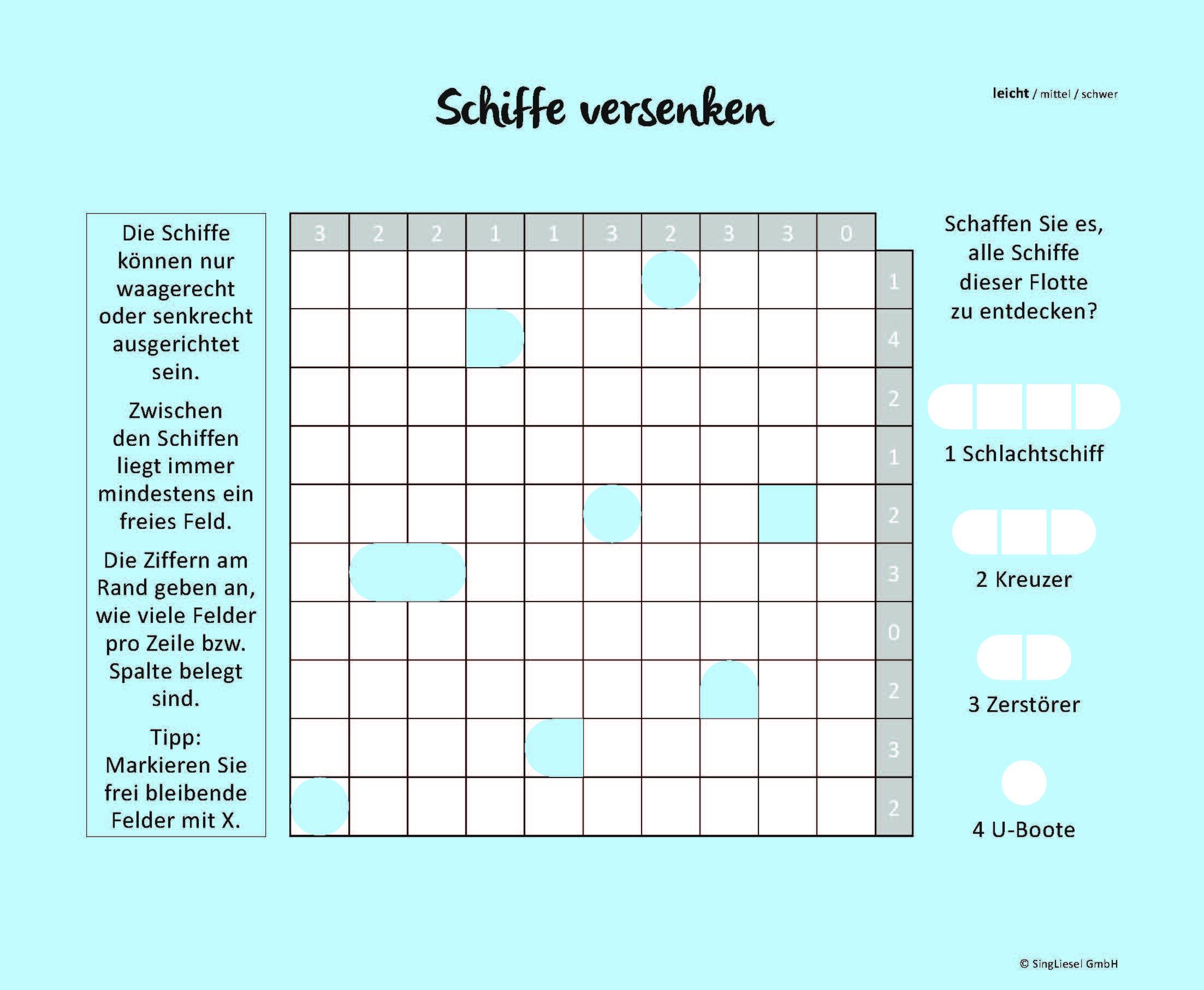 Beispielinhalt (Bild) Schiffe versenken. Jetzt ohne Gegner alleine spielen. Der Spiele-Klassiker als Einzel-Spieler-Version. Gedächtnistraining und Logik-Spiel für stundenlangen Rätsel-Spaß. Rätsel-Block im XXL-Format