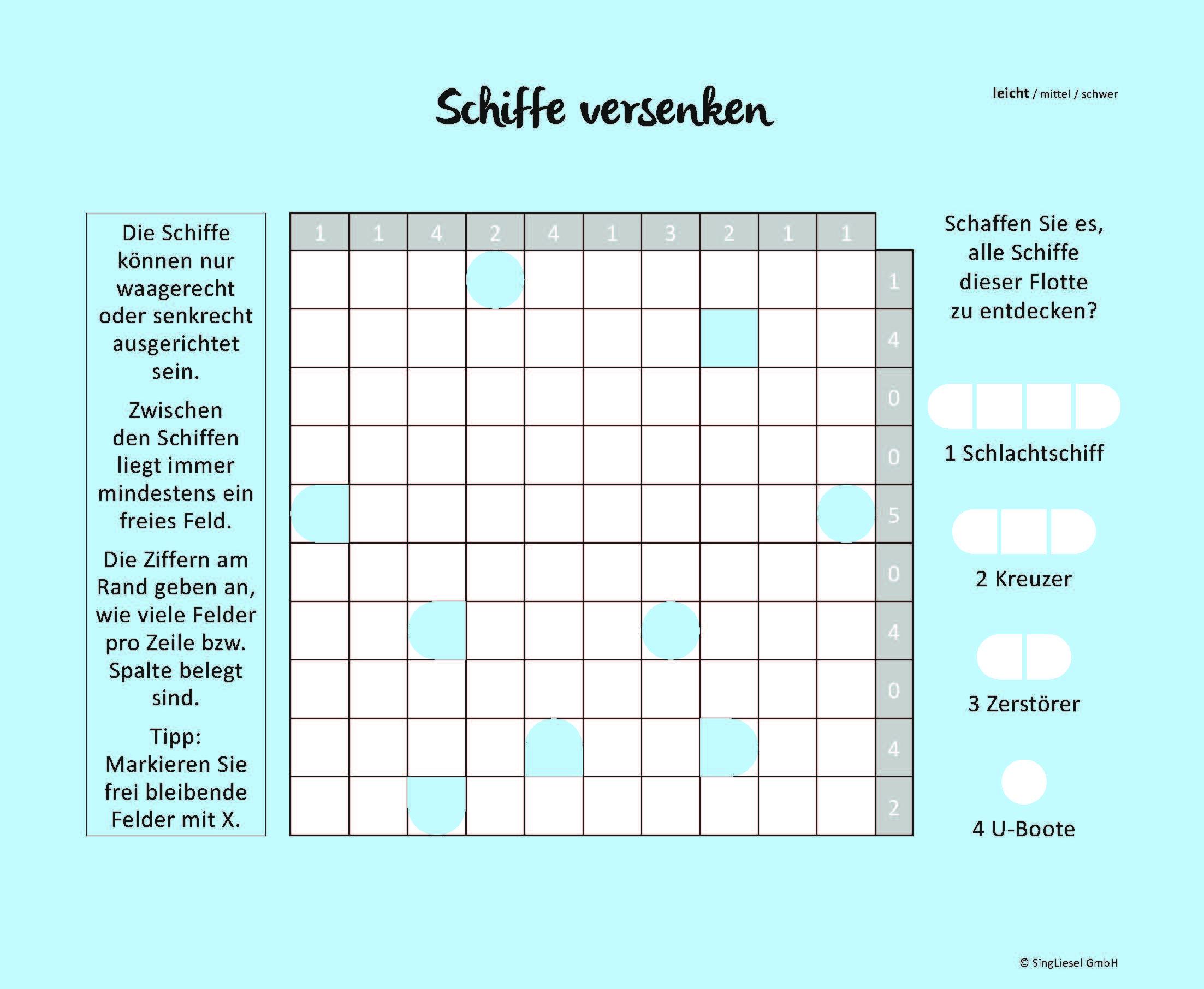 Beispielinhalt (Bild) Schiffe versenken. Jetzt ohne Gegner alleine spielen. Der Spiele-Klassiker als Einzel-Spieler-Version. Gedächtnistraining und Logik-Spiel für stundenlangen Rätsel-Spaß. Rätsel-Block im XXL-Format