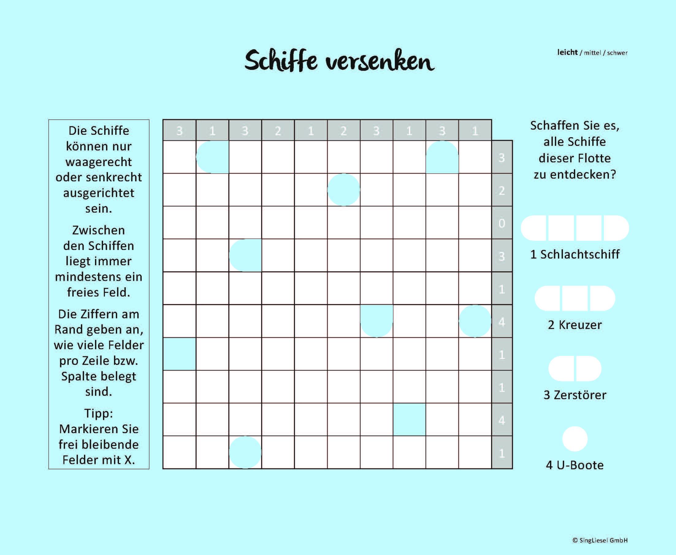 Beispielinhalt (Bild) Schiffe versenken. Jetzt ohne Gegner alleine spielen. Der Spiele-Klassiker als Einzel-Spieler-Version. Gedächtnistraining und Logik-Spiel für stundenlangen Rätsel-Spaß. Rätsel-Block im XXL-Format