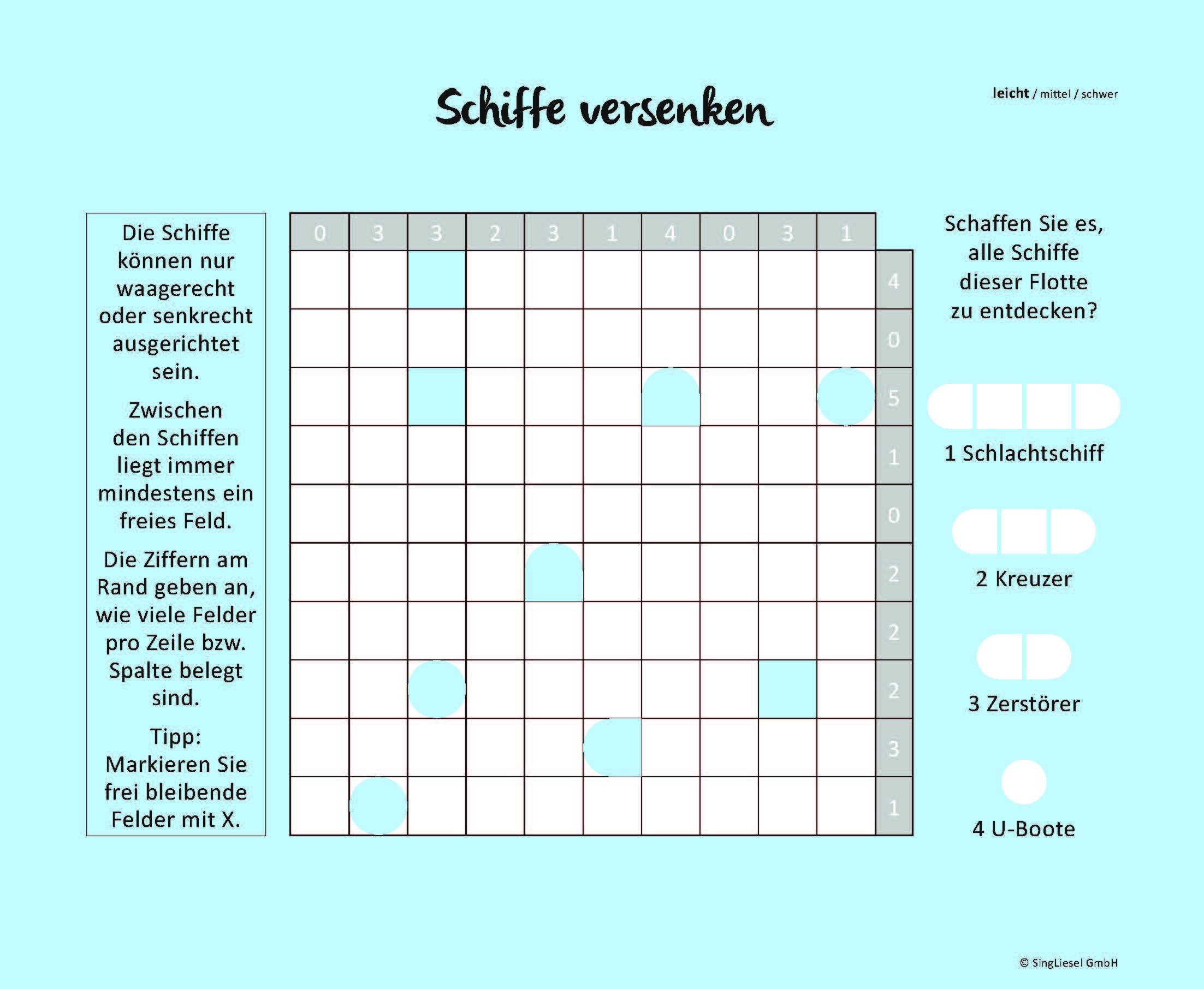 Beispielinhalt (Bild) Schiffe versenken. Jetzt ohne Gegner alleine spielen. Der Spiele-Klassiker als Einzel-Spieler-Version. Gedächtnistraining und Logik-Spiel für stundenlangen Rätsel-Spaß. Rätsel-Block im XXL-Format