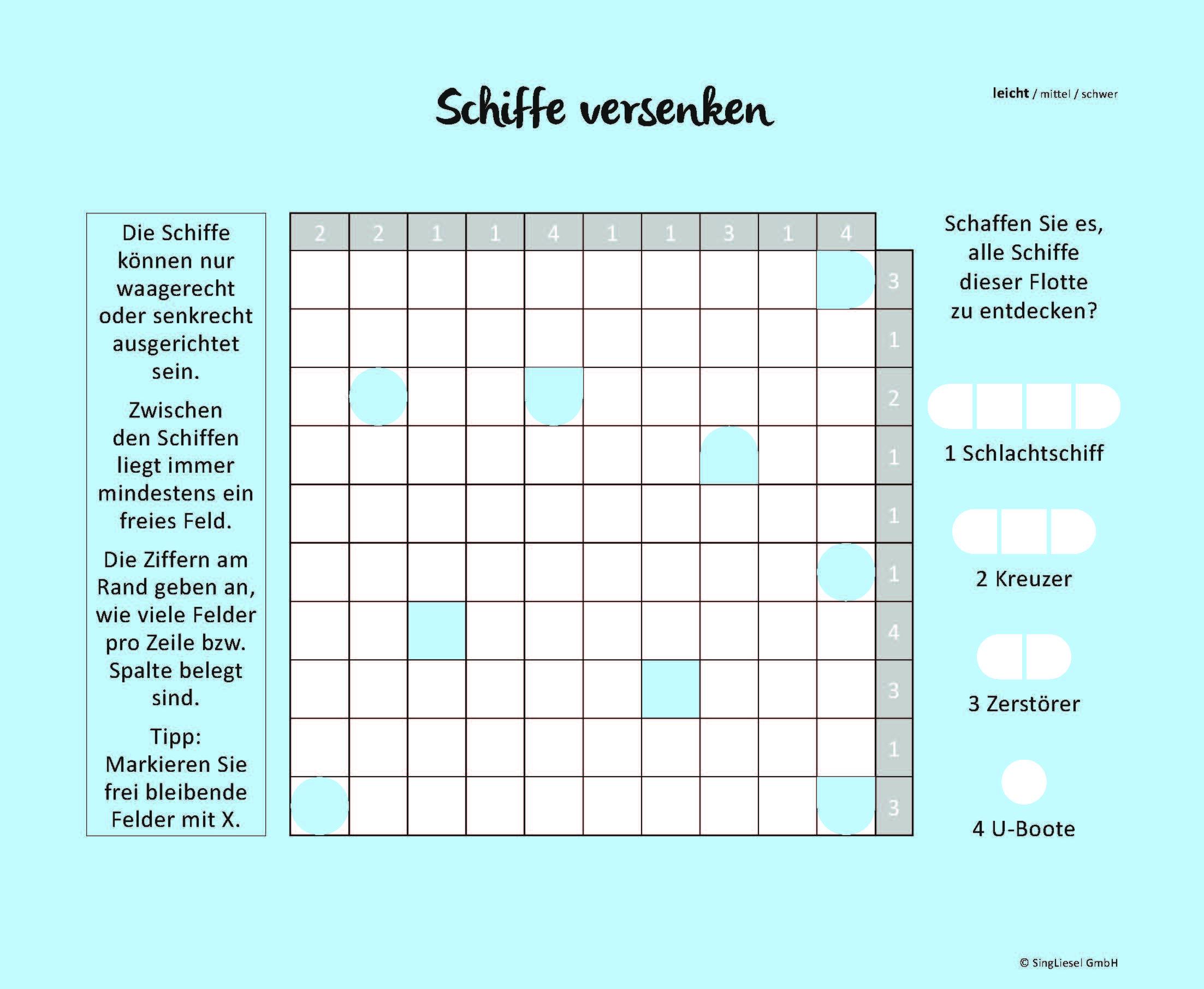 Beispielinhalt (Bild) Schiffe versenken. Jetzt ohne Gegner alleine spielen. Der Spiele-Klassiker als Einzel-Spieler-Version. Gedächtnistraining und Logik-Spiel für stundenlangen Rätsel-Spaß. Rätsel-Block im XXL-Format