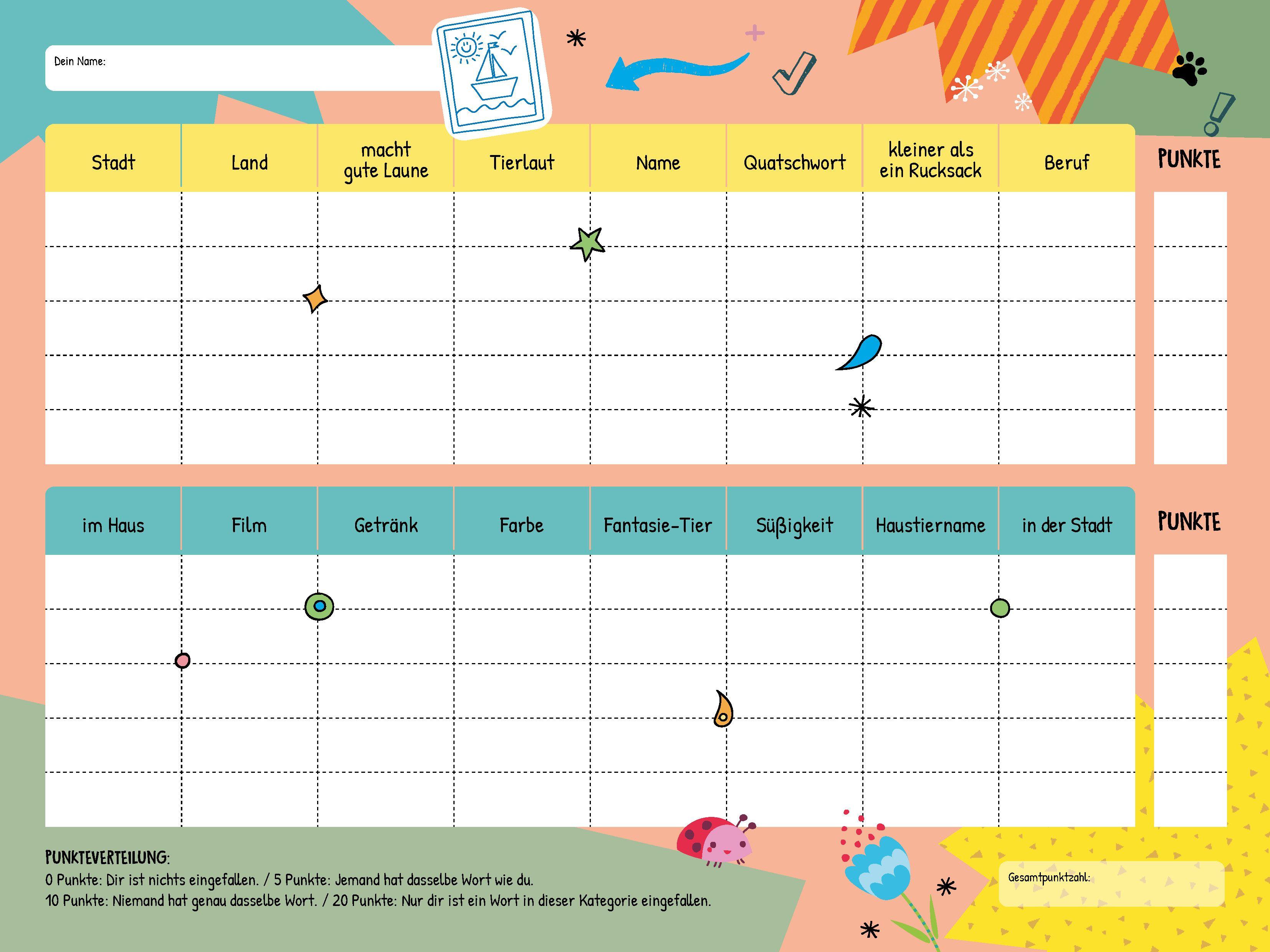 Beispielinhalt (Bild) Stadt-Land-Blödsinn. Bunter Spiele-Block für Kinder ab 8 Jahren