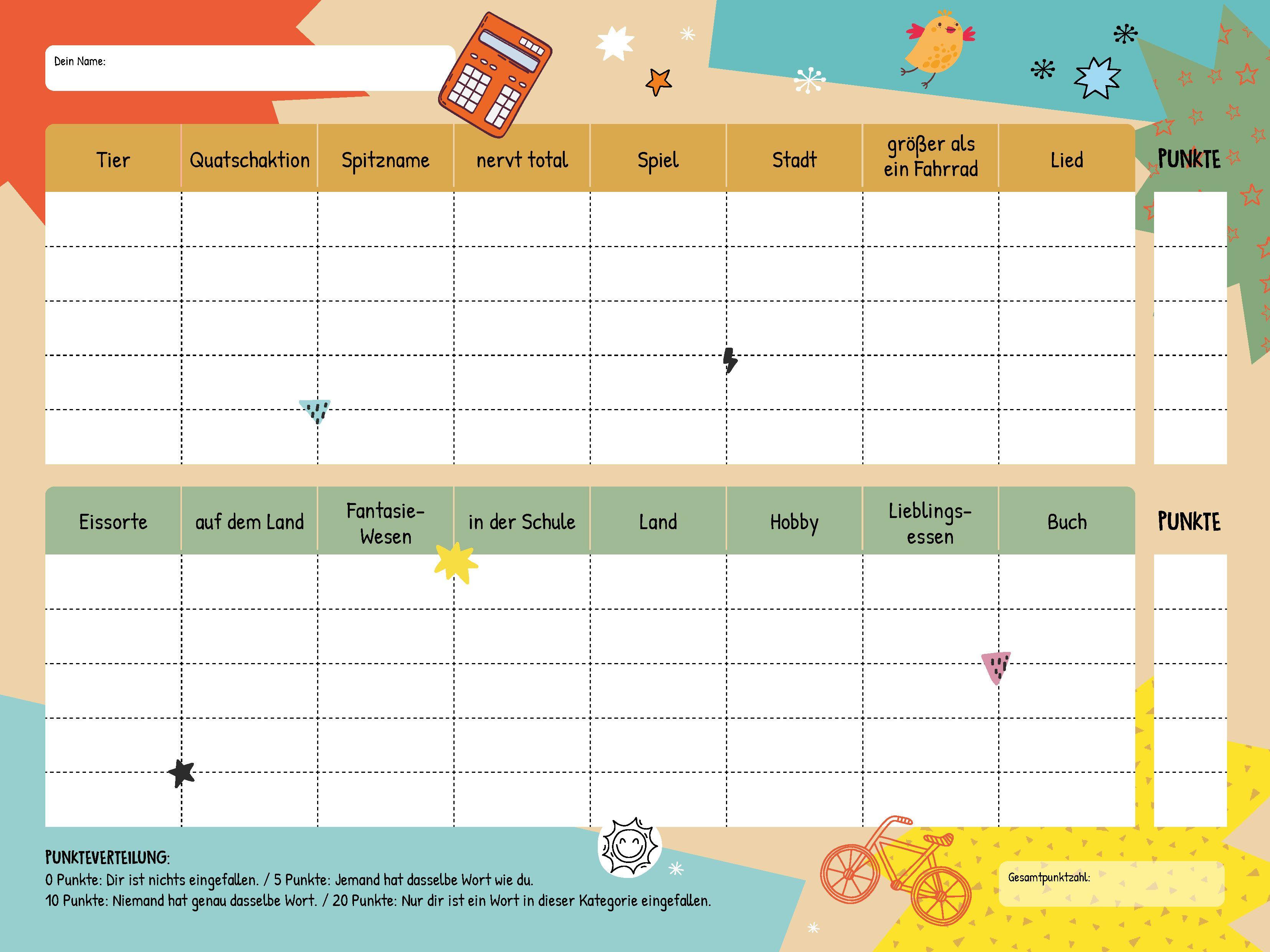 Beispielinhalt (Bild) Stadt-Land-Blödsinn. Bunter Spiele-Block für Kinder ab 8 Jahren