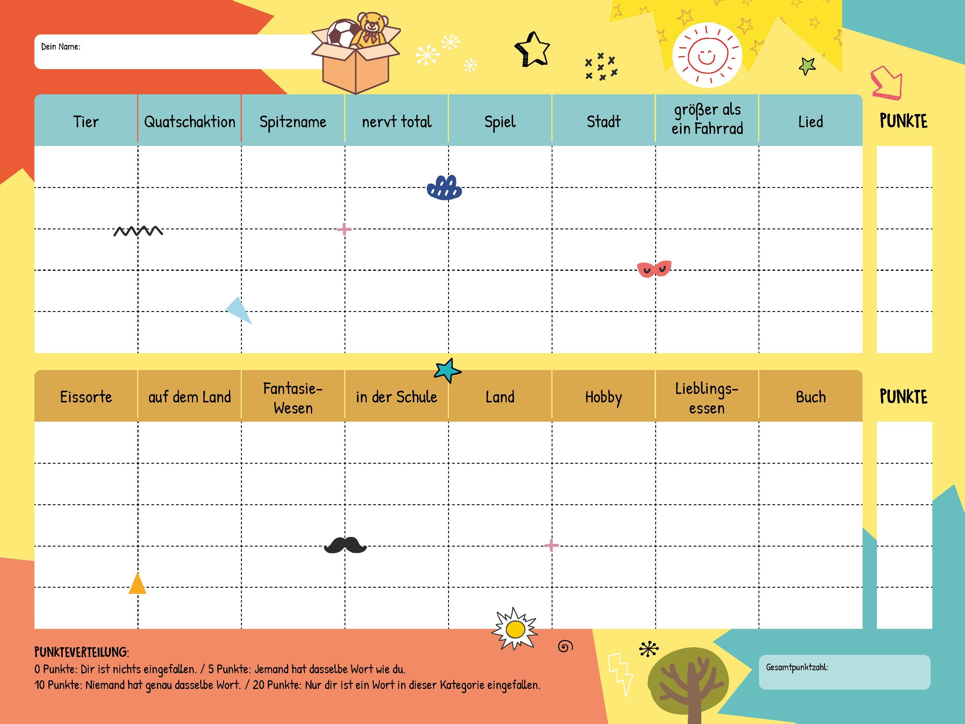 Beispielinhalt (Bild) Stadt-Land-Blödsinn. Bunter Spiele-Block für Kinder ab 8 Jahren