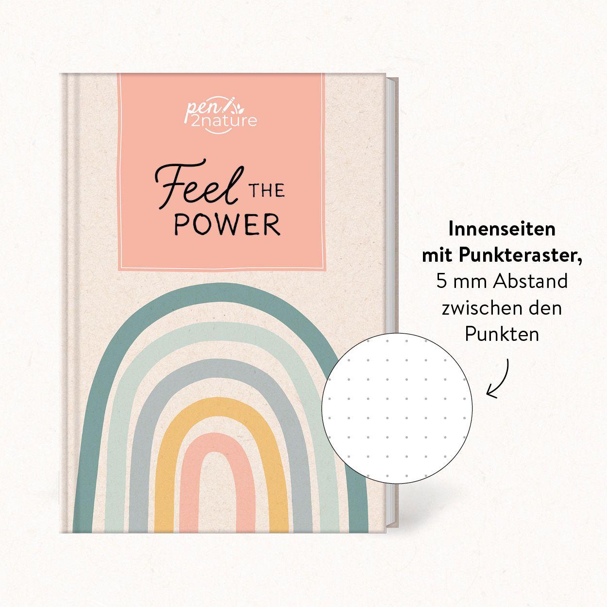 Beispielinhalt (Bild) Feel The Power . Nachhaltiges Notizbuch in A5 mit Hardcover und Regenbogen-Motiv