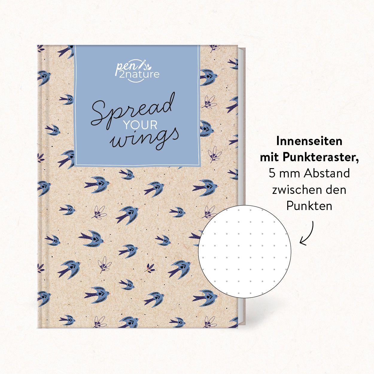 Beispielinhalt (Bild) Spread Your Wings . Nachhaltiges Notizbuch in A5 mit Hardcover und Vogel-Motiv