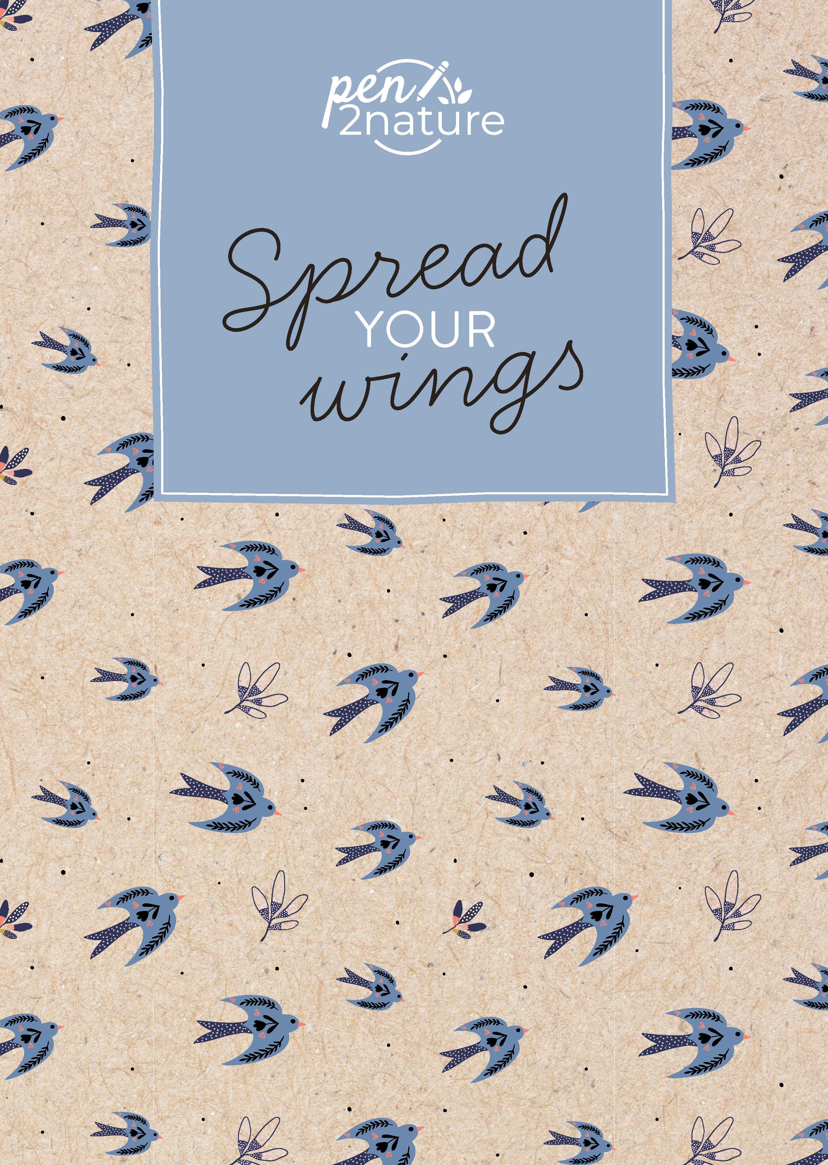 Vorderes Coverbild Spread Your Wings . Nachhaltiges Notizbuch in A5 mit Hardcover und Vogel-Motiv