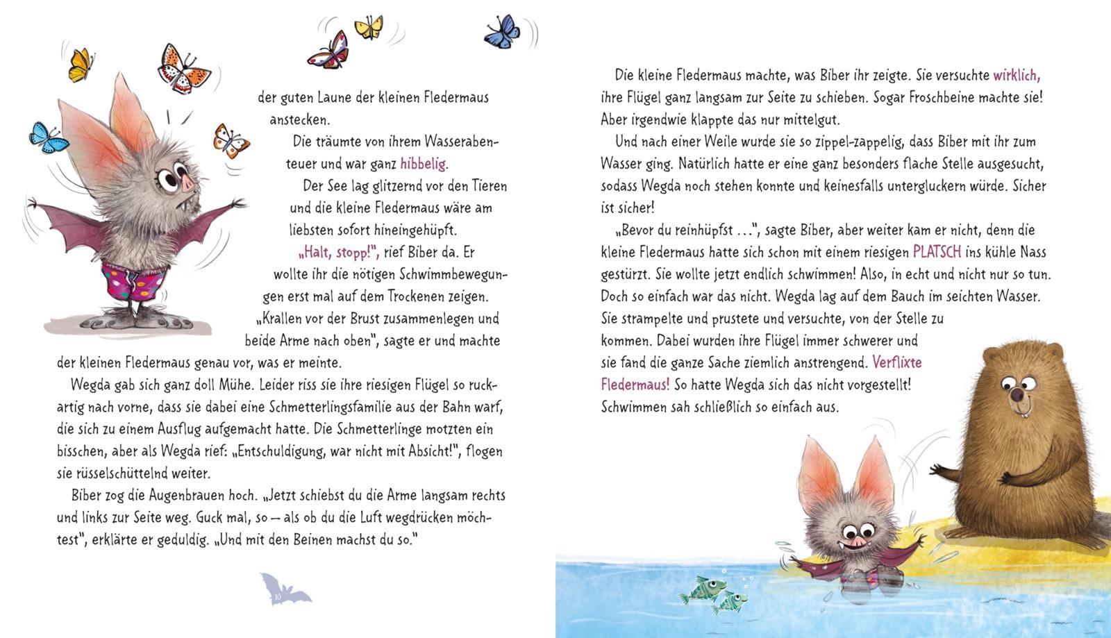 Beispielinhalt (Bild) Die kleine Fledermaus Wegda: Wegda planscht los