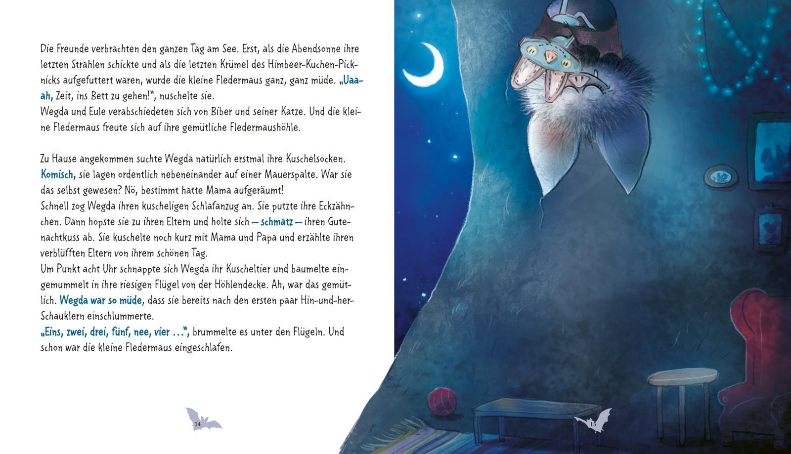 Beispielinhalt (Bild) Die kleine Fledermaus Wegda: Wegda planscht los