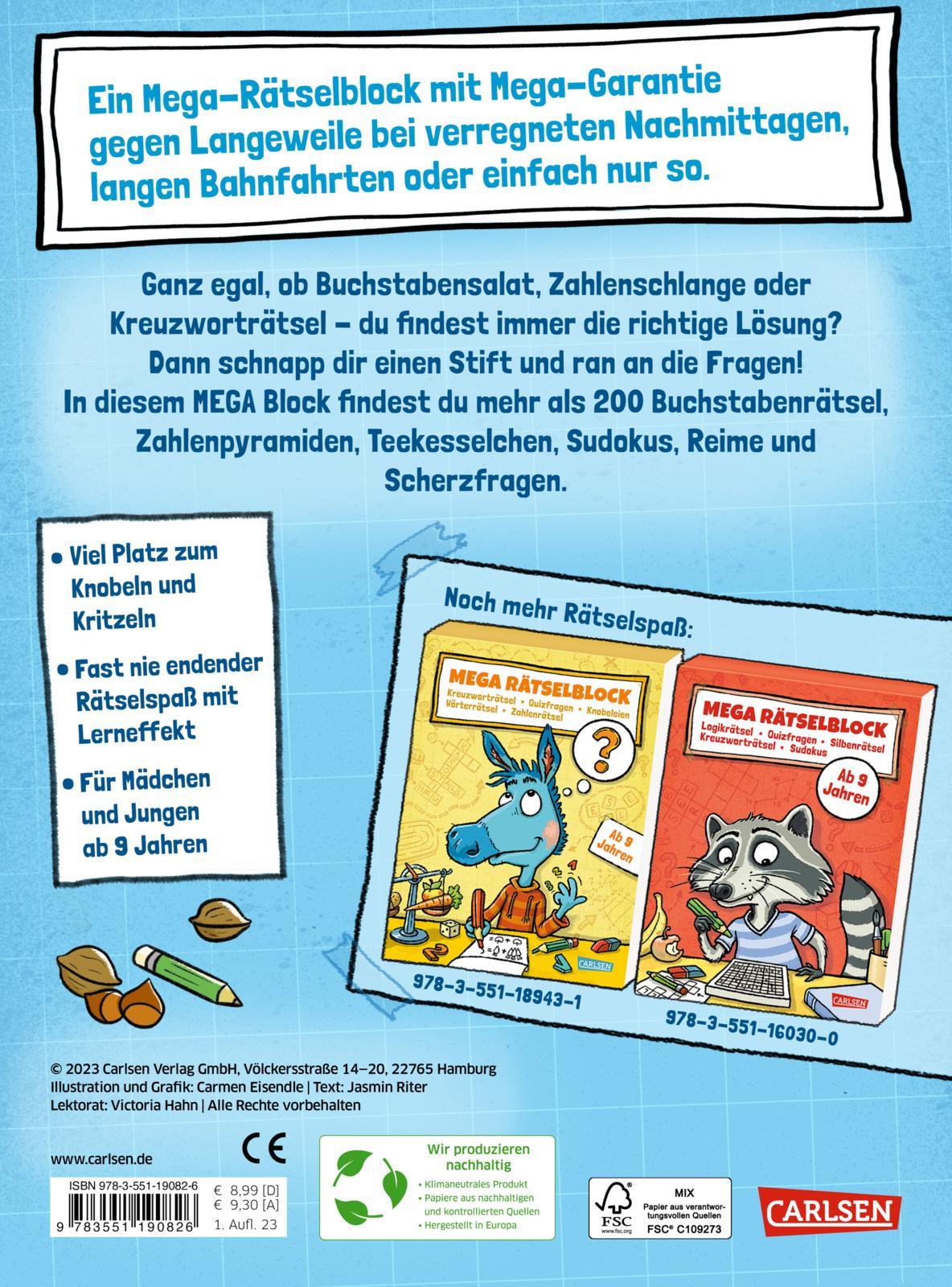 Rückseitencover Mega Rätselblock - Buchstabenrätsel, Denkspiele, Zahlenpyramiden, Rätselreime, Scherzfragen