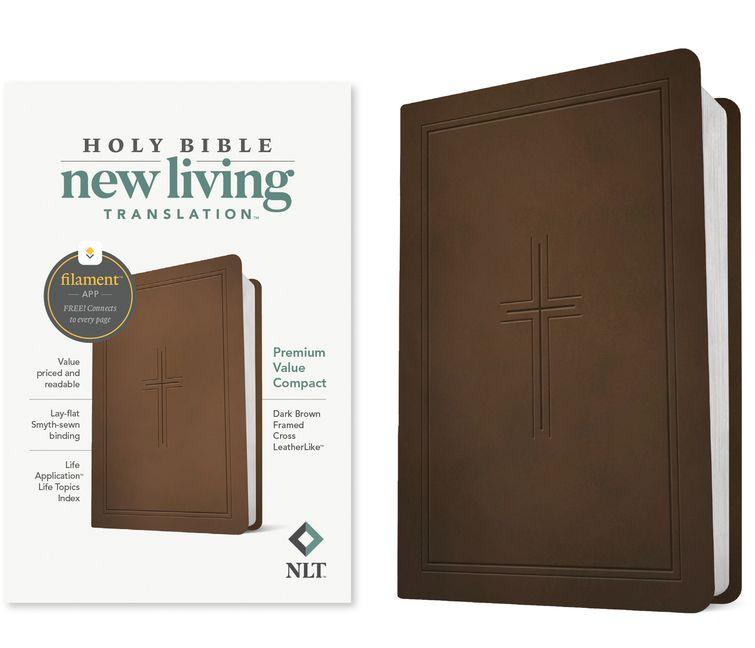 Vorderes Coverbild NLT Premium Value Compact Bible, Filament Enabled (Leatherlike, Dark Brown Framed Cross)
