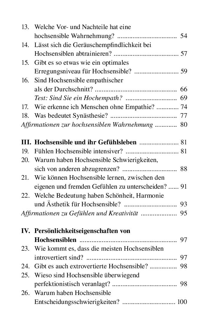 Beispielinhalt (Bild) Hochsensibel ist mehr als zartbesaitet. Die 100 häufigsten Fragen und Antworten. Ratgeber für Herausforderungen, Ängste & Konflikte. Praxisbuch zur Alltagsbewältigung & Stärkung des Selbsvertrauens