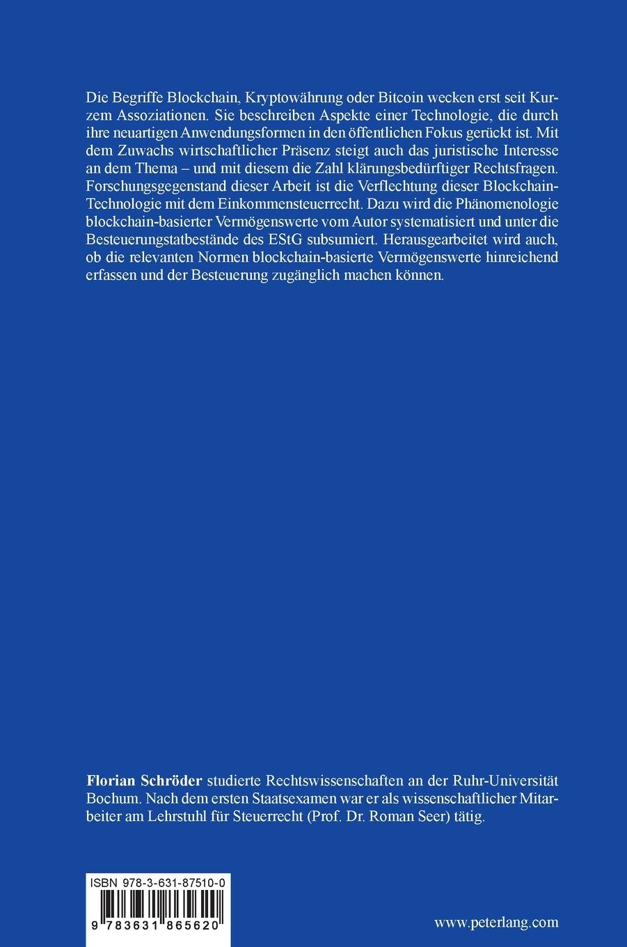 Rückseitencover Die einkommensteuerrechtliche Behandlung blockchain-basierter Vermögenswerte