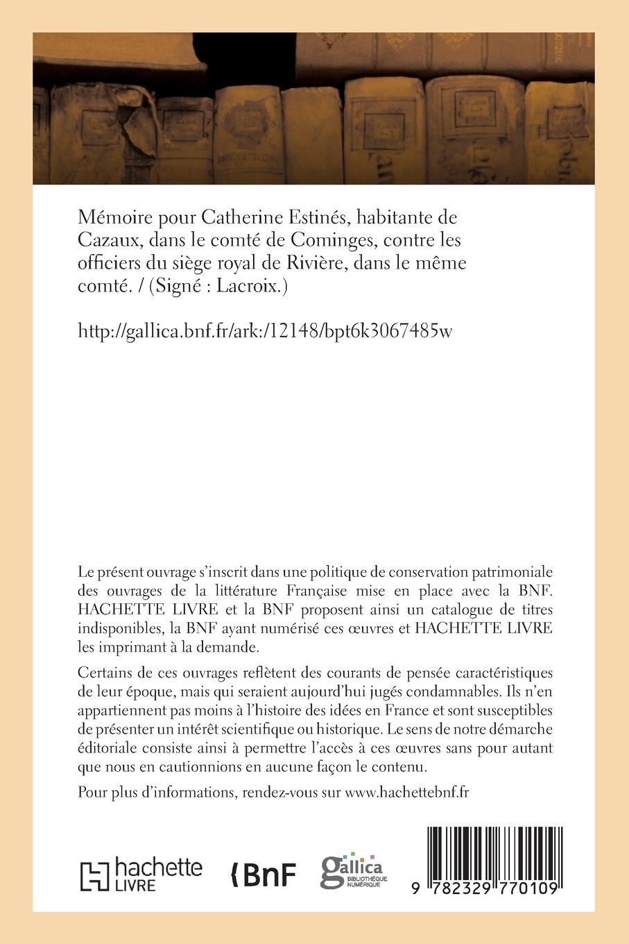 Rückseitencover Mémoire Pour Catherine Estinés, Habitante de Cazaux, Dans Le Comté de Cominges