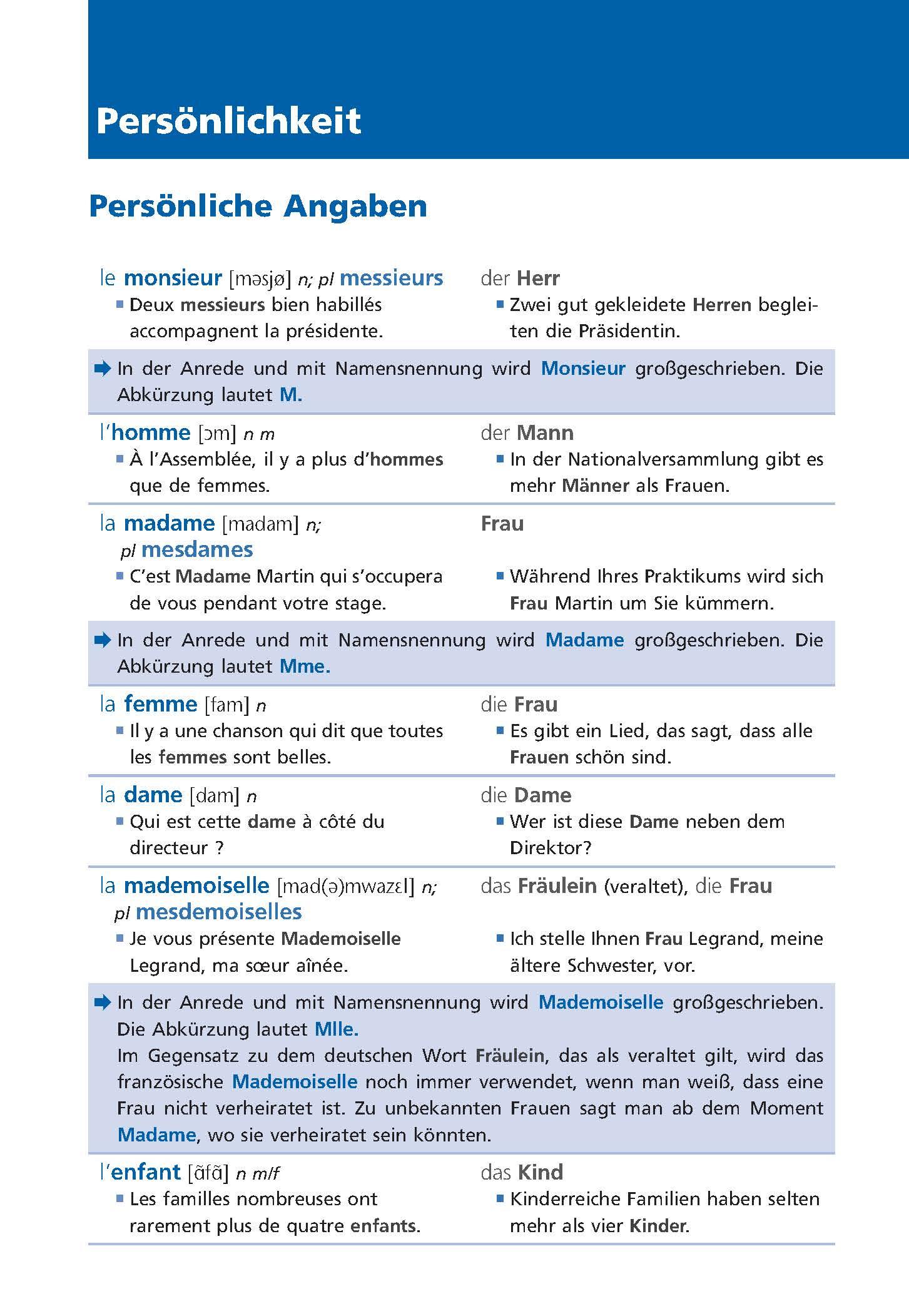 Beispielinhalt (Bild) Langenscheidt Grundwortschatz Französisch
