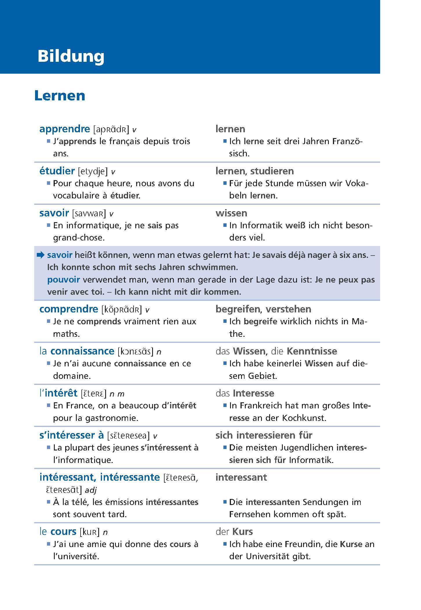 Beispielinhalt (Bild) Langenscheidt Grundwortschatz Französisch