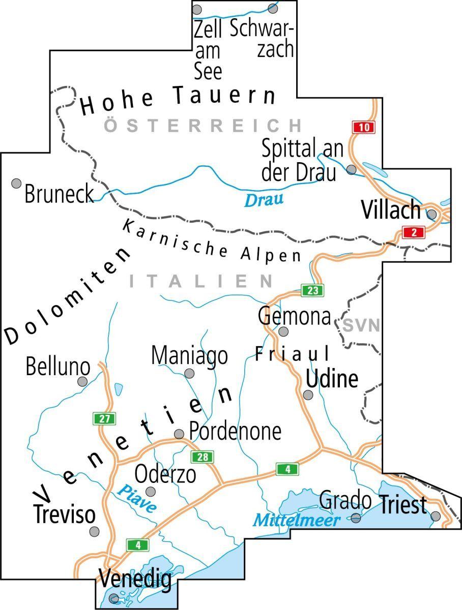 Beispielinhalt (Bild) ADFC-Radtourenkarte IT-VF Venedig, Friaul - Kärnten West, Salzburger Land Süd, 150.000, reiß- und wetterfest, E-Bike geeignet, GPS-Tracks Download, mit Bett+Bike Symbolen, mit Kilometer-Angaben