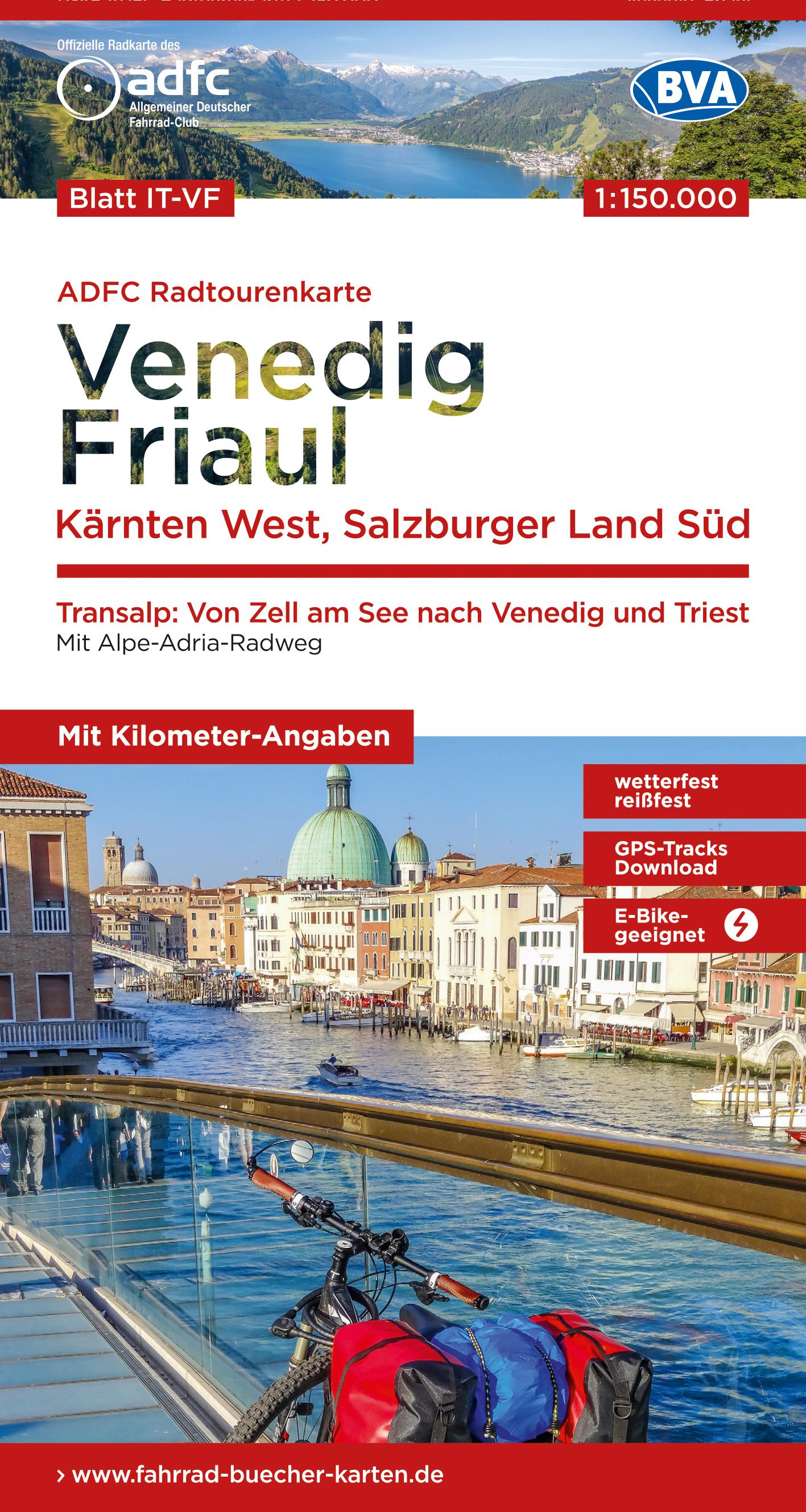 Vorderes Coverbild ADFC-Radtourenkarte IT-VF Venedig, Friaul - Kärnten West, Salzburger Land Süd, 150.000, reiß- und wetterfest, E-Bike geeignet, GPS-Tracks Download, mit Bett+Bike Symbolen, mit Kilometer-Angaben