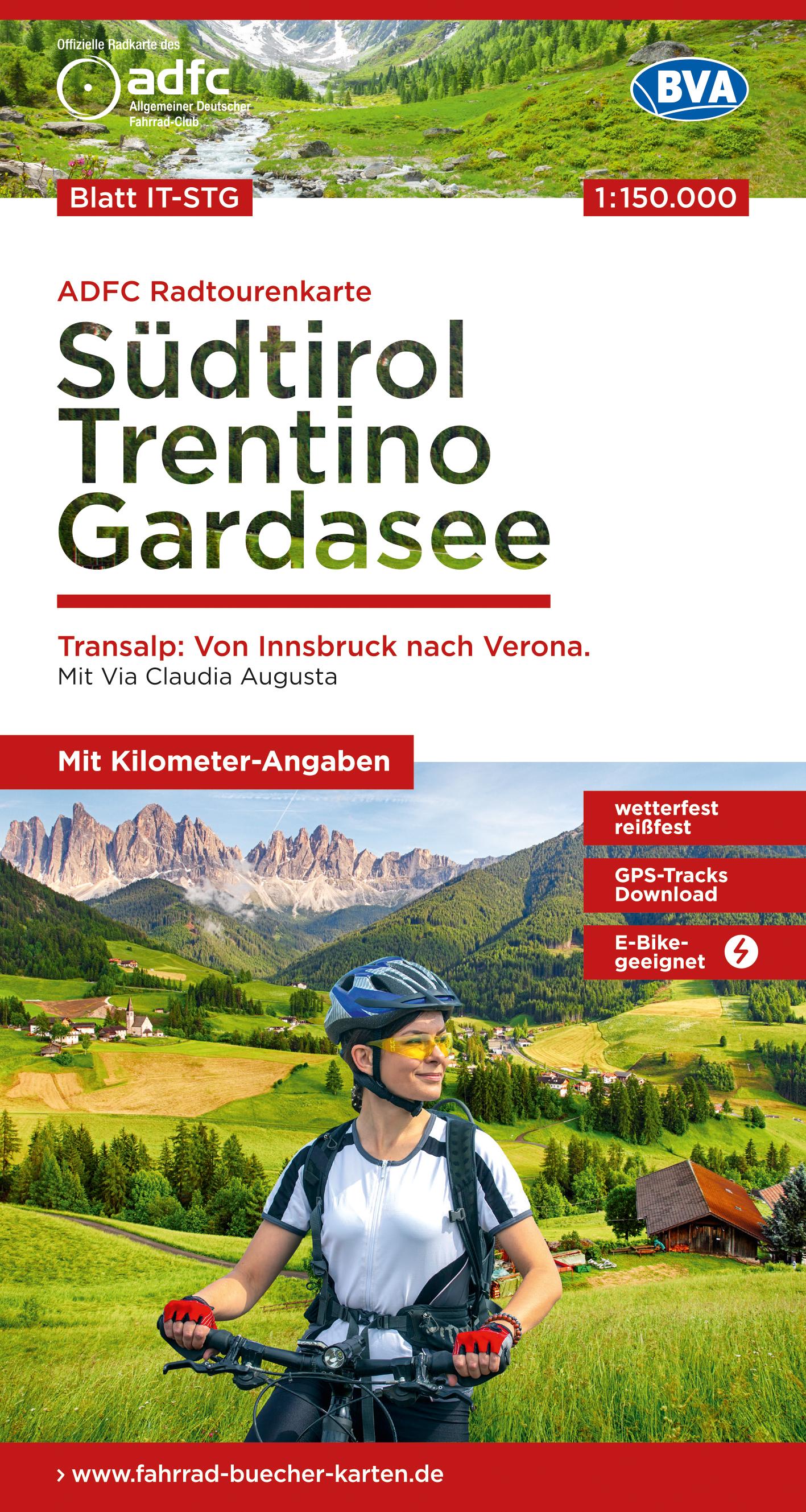 Vorderes Coverbild ADFC-Radtourenkarte IT-STG Südtirol, Trentino, Gardasee 1:150.000, reiß- und wetterfest, E-Bike geeignet, GPS-Tracks Download, mit Bett+Bike Symbolen, mit Kilometer-Angaben