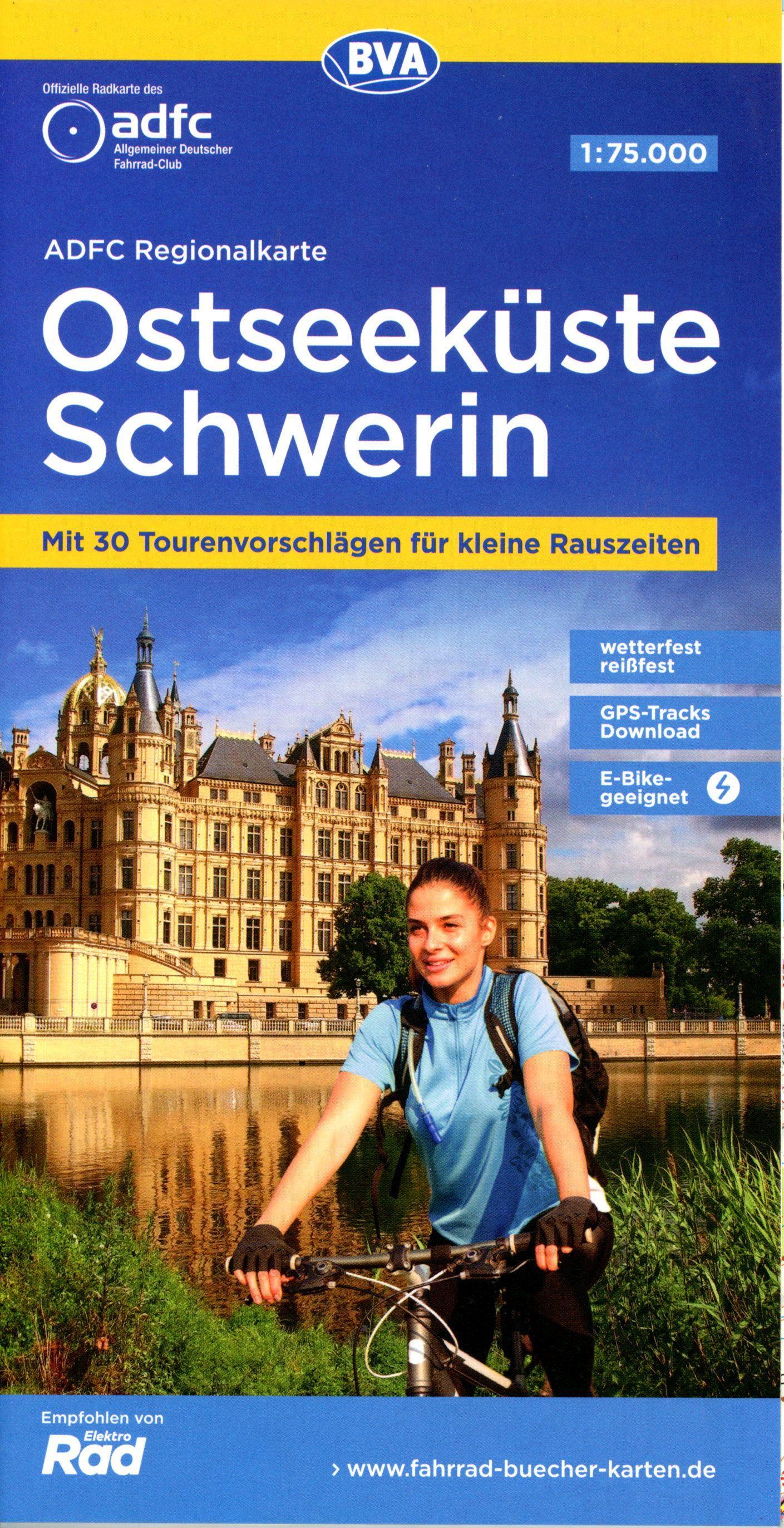 Vorderes Coverbild ADFC-Regionalkarte Ostseeküste Schwerin, 1:75.000, mit Tagestourenvorschlägen, reiß- und wetterfest, E-Bike-geeignet, GPS-Tracks-Download