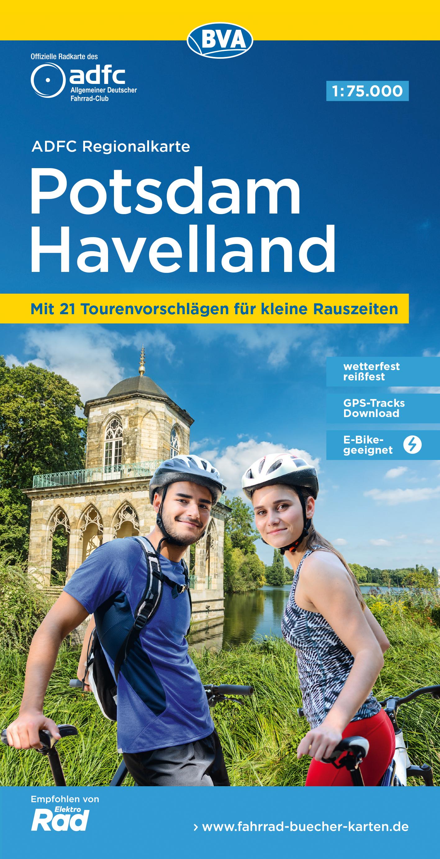 Vorderes Coverbild ADFC-Regionalkarte Potsdam Havelland, 1:75.000, mit Tagestourenvorschlägen, reiß- und wetterfest, E-Bike-geeignet, GPS-Tracks-Download