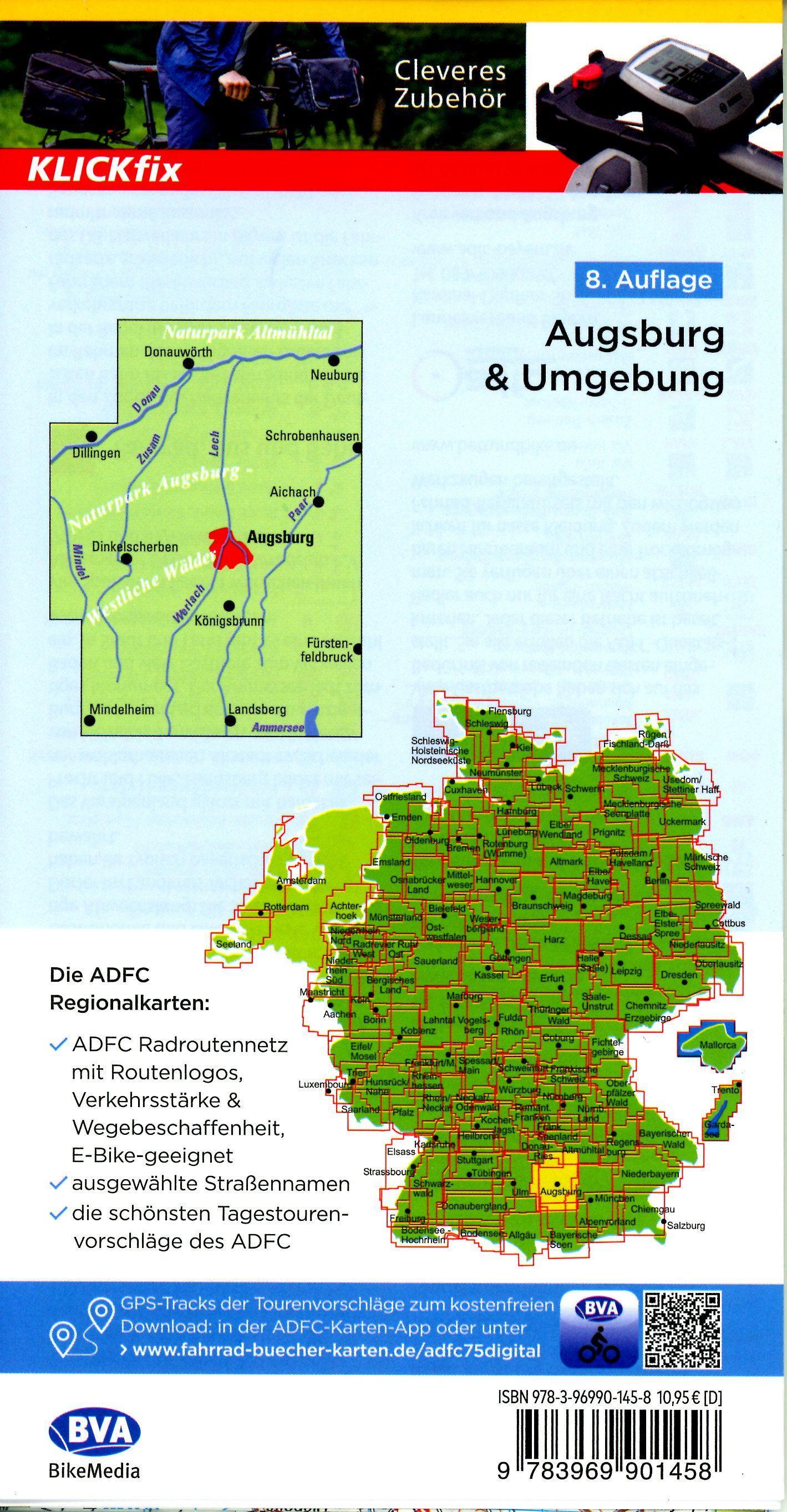 Beispielinhalt (Bild) ADFC-Regionalkarte Augsburg und Umgebung, 1:75.000, mit Tagestourenvorschlägen, reiß- und wetterfest, E-Bike-geeignet, GPS-Tracks-Download