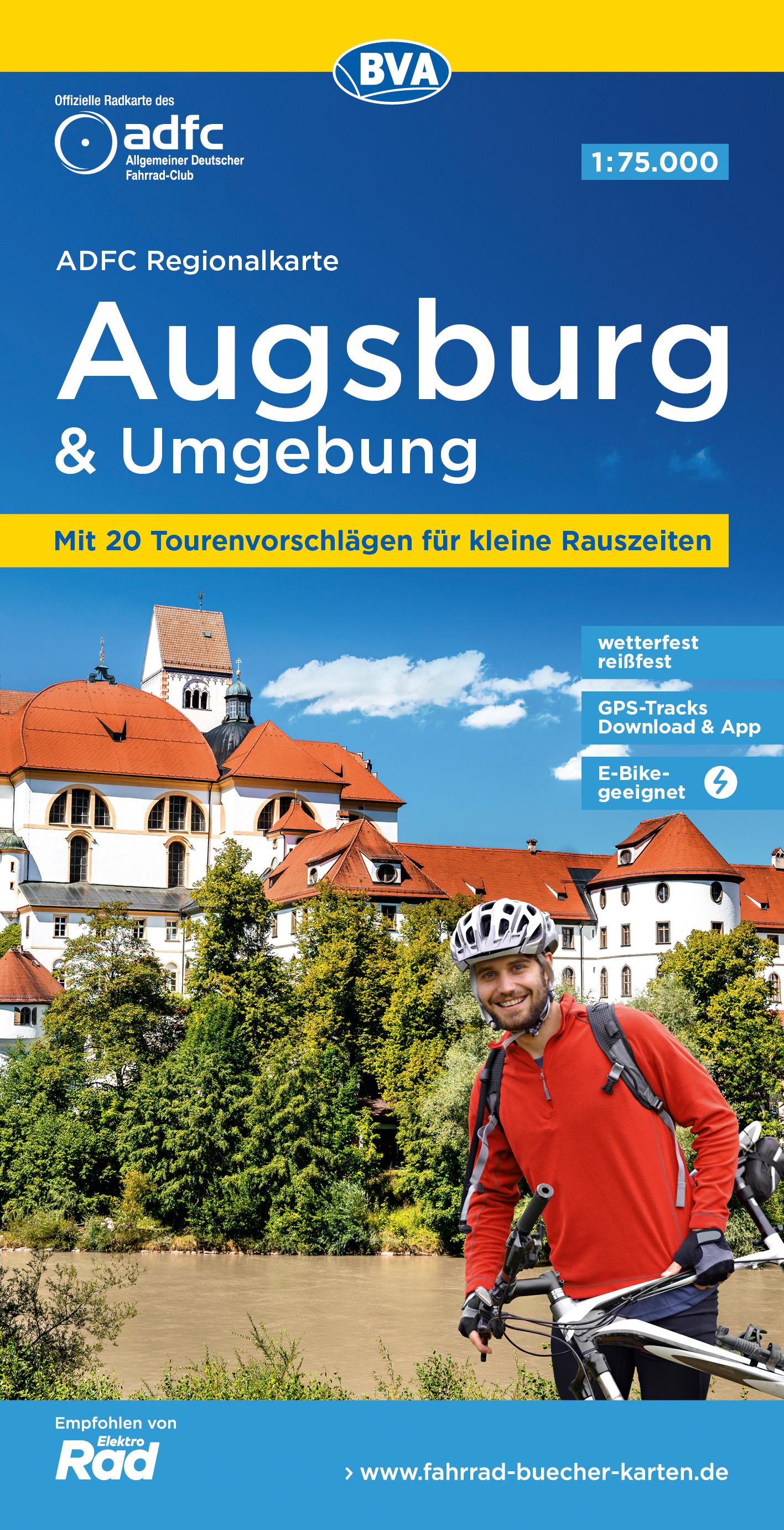 Vorderes Coverbild ADFC-Regionalkarte Augsburg und Umgebung, 1:75.000, mit Tagestourenvorschlägen, reiß- und wetterfest, E-Bike-geeignet, GPS-Tracks-Download