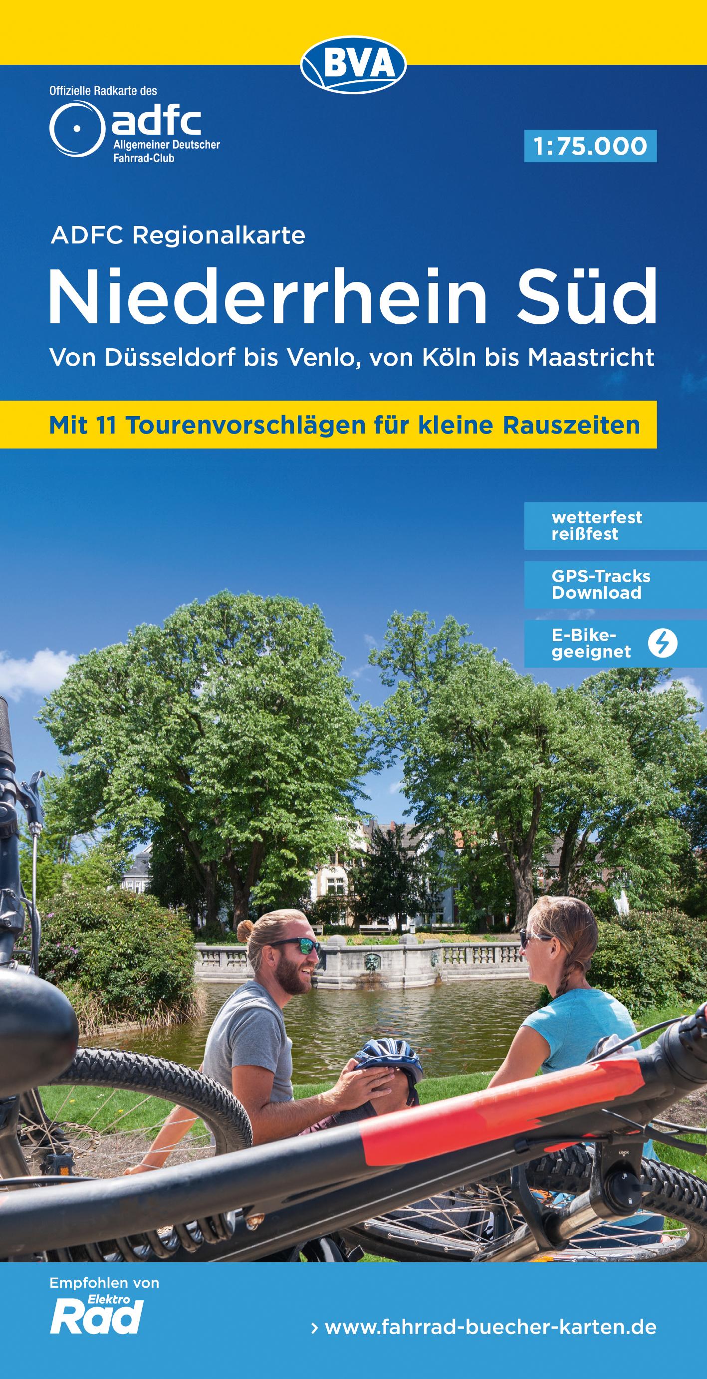 Vorderes Coverbild ADFC-Regionalkarte Niederrhein Süd 1:75.000, mit Tagestourenvorschlägen, reiß- und wetterfest, E-Bike-geeignet, mit Knotenpunkten, GPS-Tracks-Download