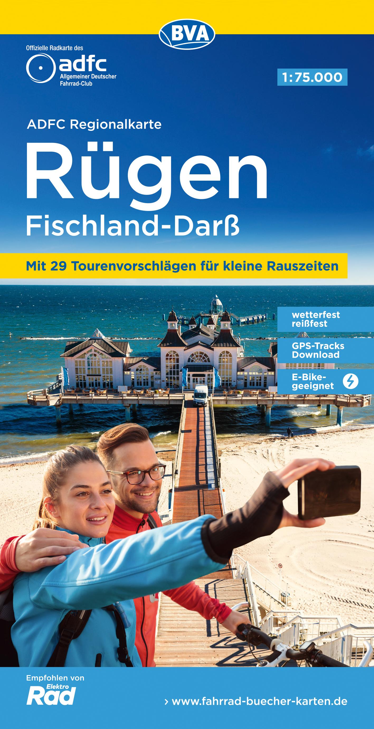 Vorderes Coverbild ADFC-Regionalkarte Rügen Fischland-Darß, 1:75.000, mit Tagestourenvorschlägen, reiß- und wetterfest, E-Bike-geeignet, GPS-Tracks-Download