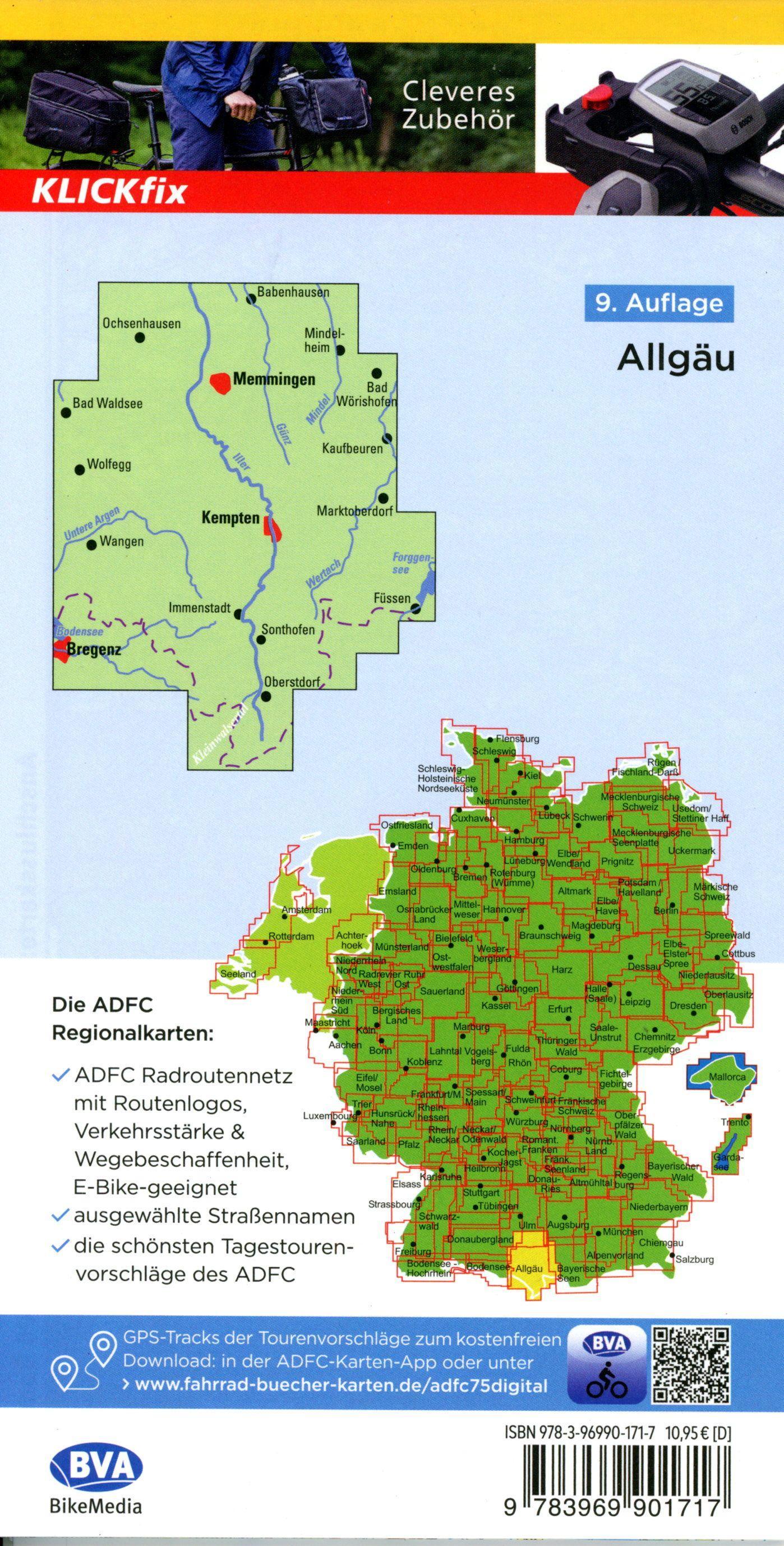 Beispielinhalt (Bild) ADFC-Regionalkarte Allgäu 1:75.000, mit Tagestourenvorschlägen, reiß- und wetterfest, E-Bike-geeignet, GPS-Tracks-Download