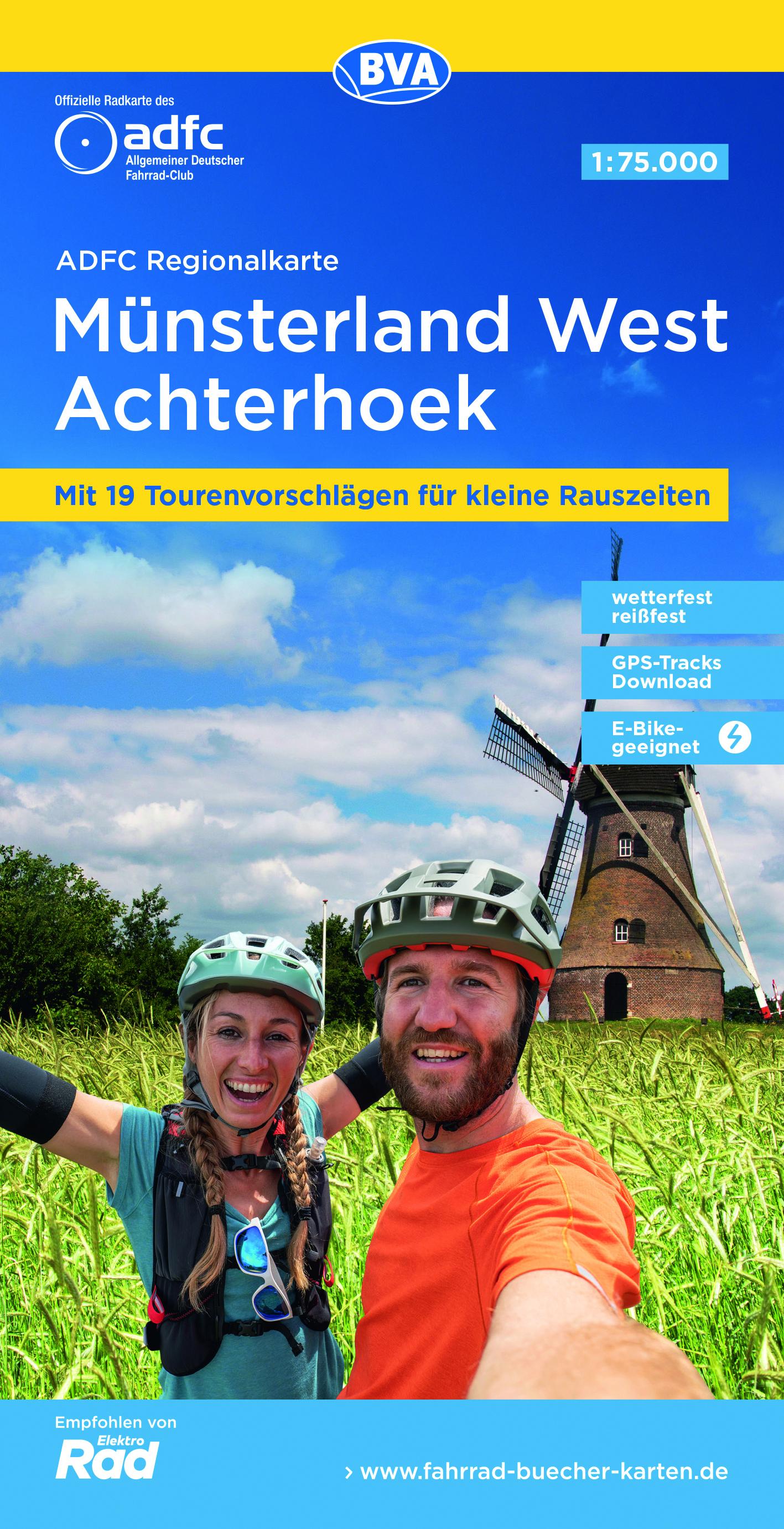Vorderes Coverbild ADFC-Regionalkarte Münsterland West / Flusslandschaft Achterhoek, 1:75.000, mit Tagestourenvorschlägen, reiß- und wetterfest, E-Bike-geeignet, GPS-Tracks-Download