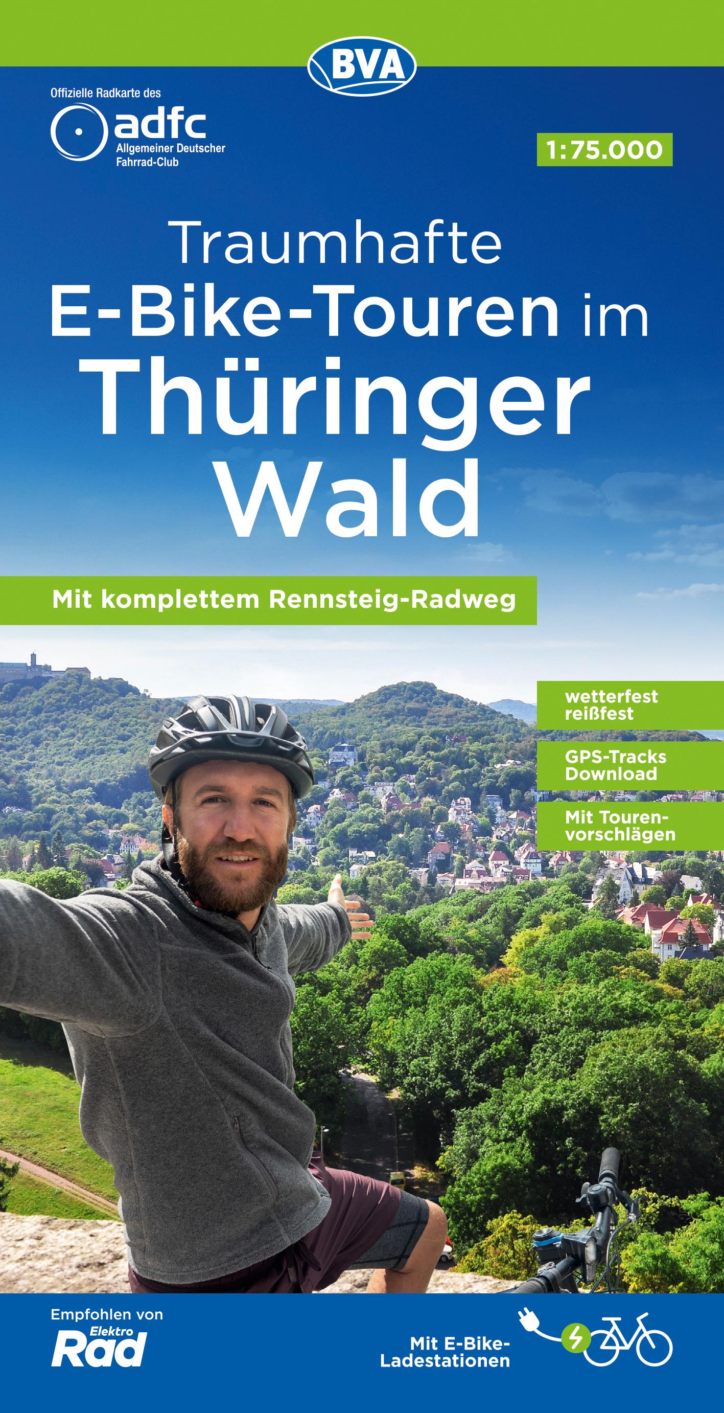 Vorderes Coverbild ADFC-Regionalkarte Traumhafte E-Bike-Touren im Thüringer Wald, 1:75.000, mit Tagestourenvorschlägen, reiß- und wetterfest, GPS-Tracks-Download