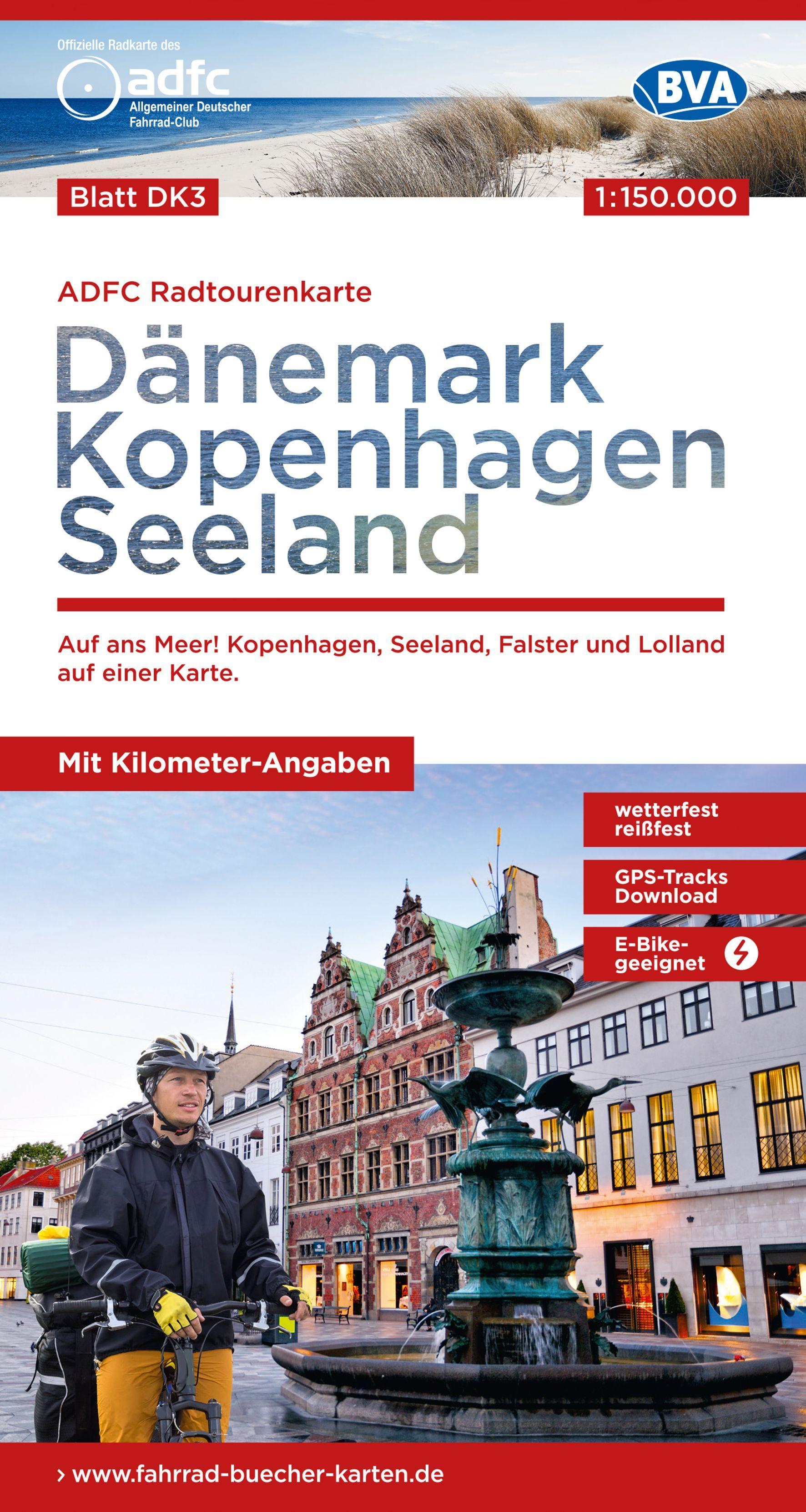 Vorderes Coverbild ADFC-Radtourenkarte DK3 Dänemark/Kopenhagen/Seeland 1:150.000, reiß- und wetterfest, E-Bike geeignet, mit GPS-Tracks Download, mit Bett+Bike Symbolen, mit Kilometer-Angaben