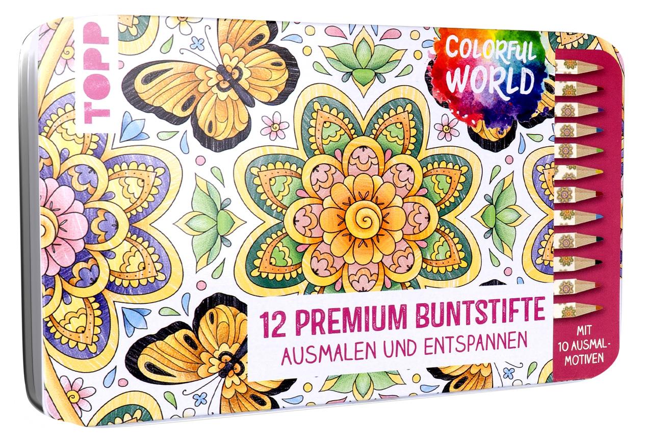Vorderes Coverbild Colorful World Designdose mit 12 Buntstiften