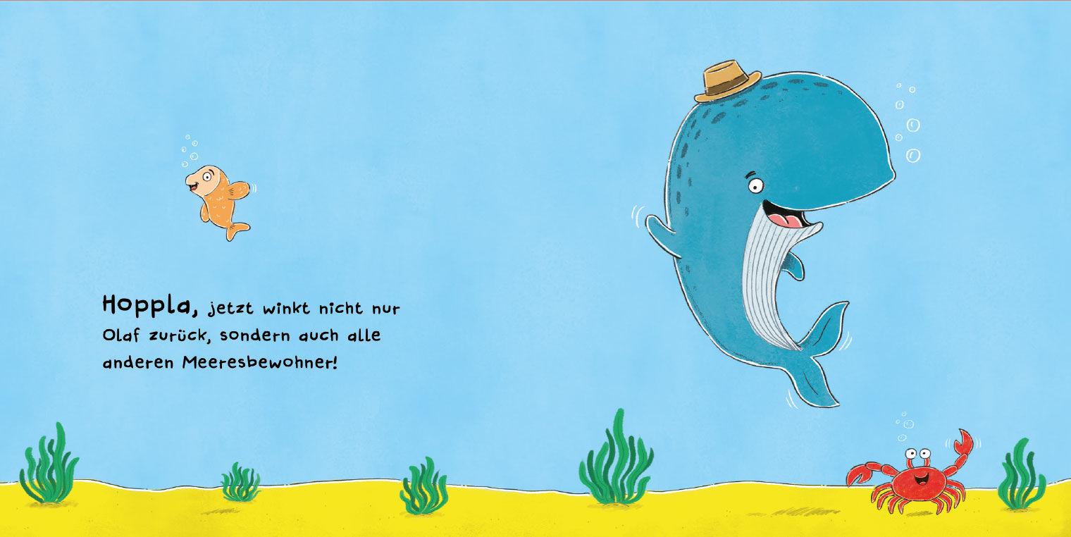 Beispielinhalt (Bild) Wink dem Wal - Ein Mitmachbuch zum Schütteln, Schaukeln, Pusten, Klopfen und sehen, was dann passiert