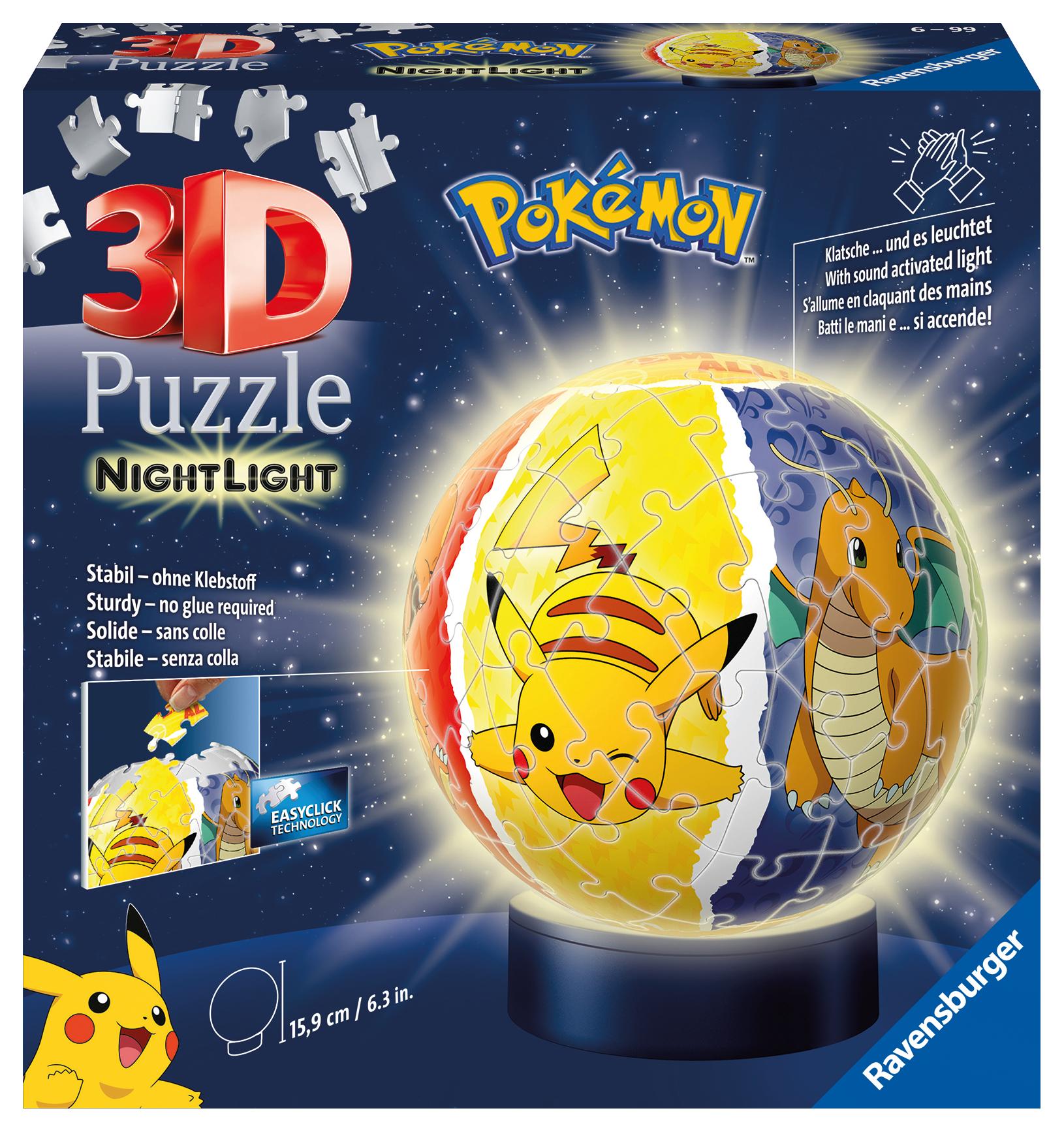 Vorderes Coverbild Ravensburger 3D Puzzle 11547 - Nachtlicht Puzzle-Ball Pokémon - 72 Teile - für Pokémon Fans ab 6 Jahren, LED Nachttischlampe mit Klatsch-Mechanismus