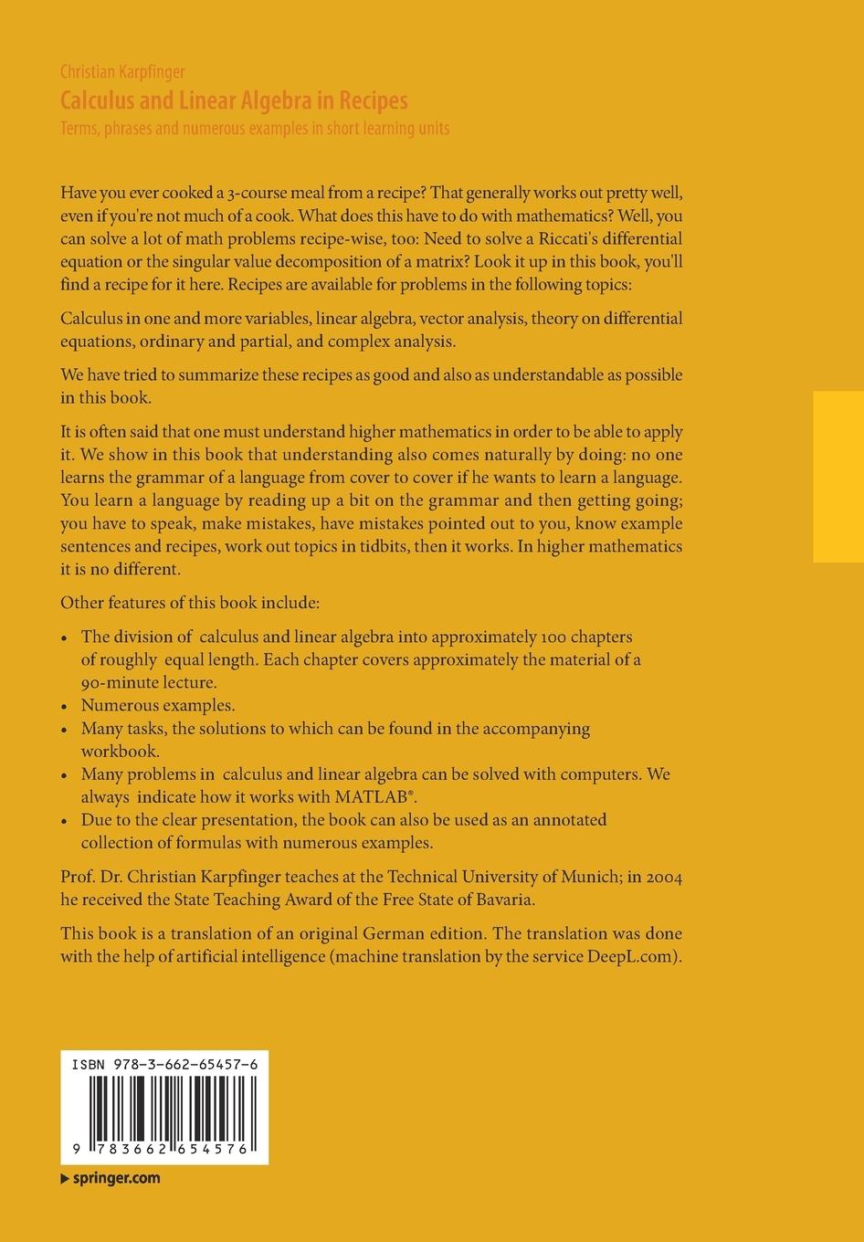 Rückseitencover Calculus and Linear Algebra in Recipes