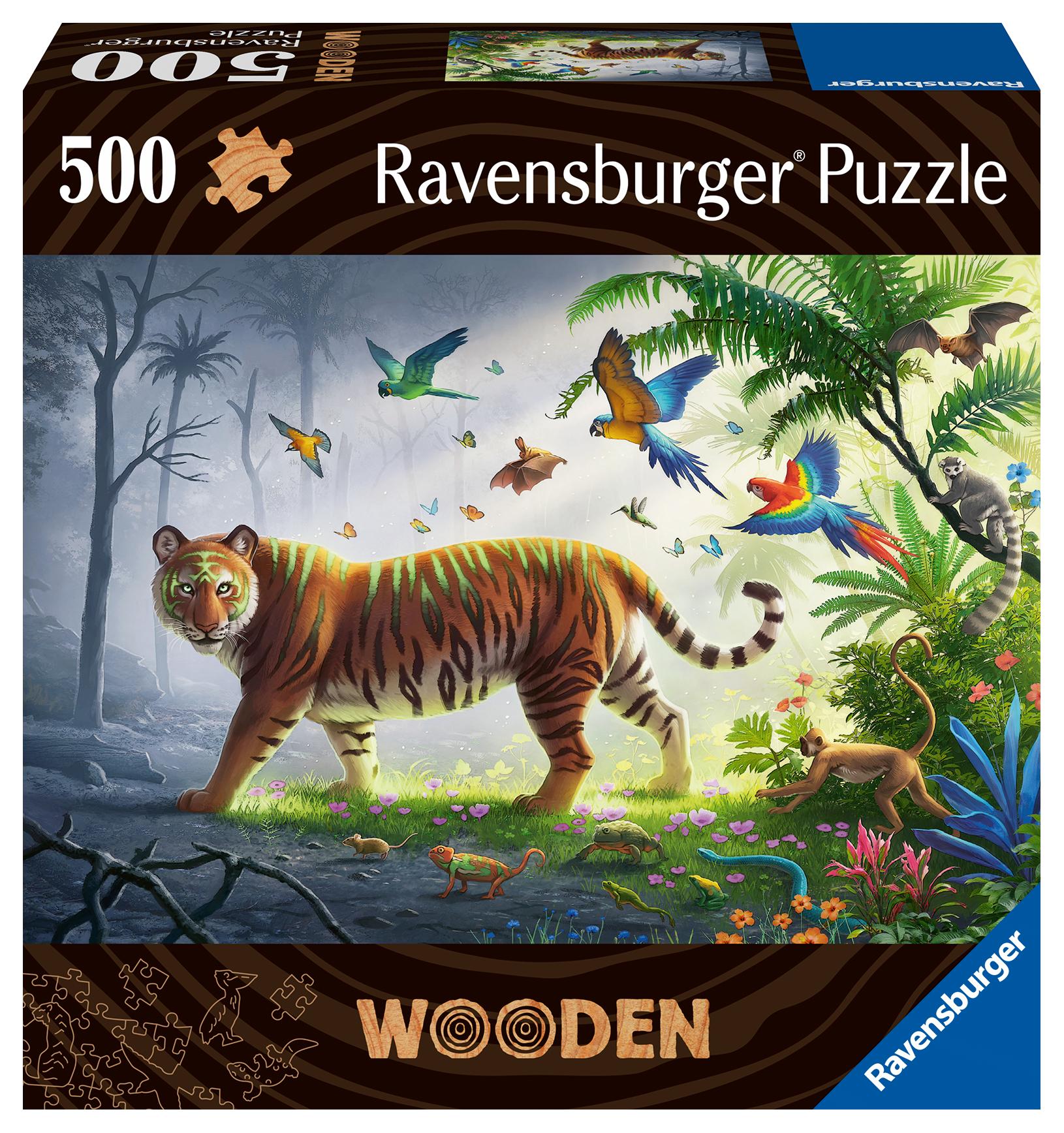 Vorderes Coverbild Ravensburger Puzzle 17514 - Tiger im Dschungel - 500 Teile Holzpuzzle mit stabilen, individuellen Puzzleteilen und kleinen Holzfiguren (Whimsies), für Kinder und Erwachsene ab 14 Jahren