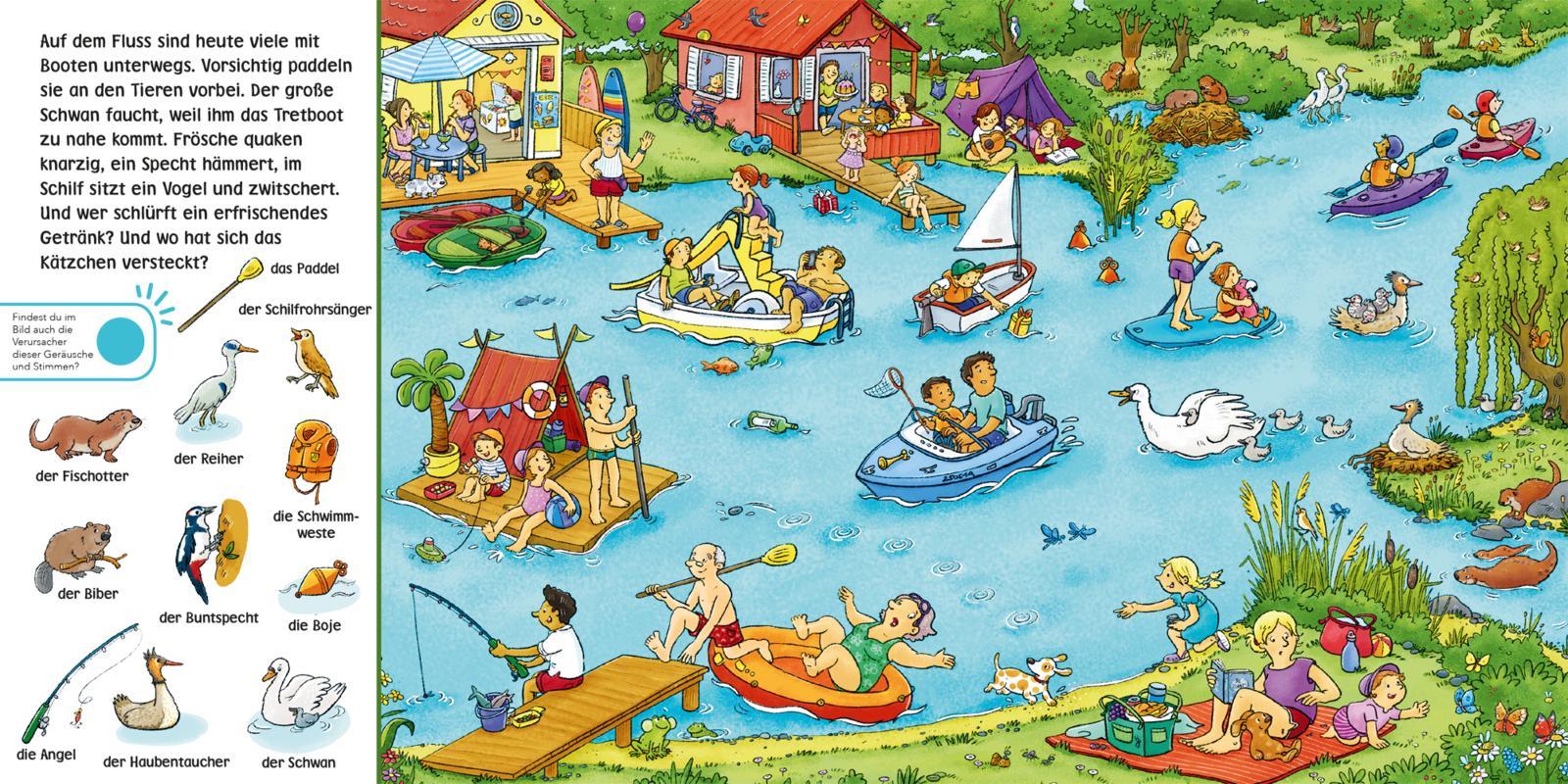 Beispielinhalt (Bild) Hör mal (Soundbuch): Wimmelbuch: Am Wasser