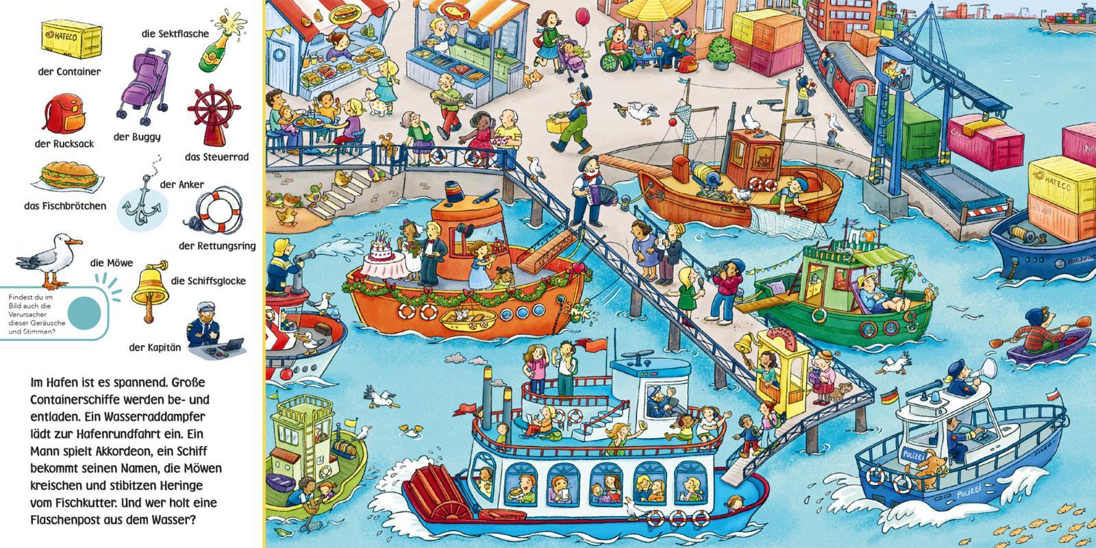 Beispielinhalt (Bild) Hör mal (Soundbuch): Wimmelbuch: Am Wasser