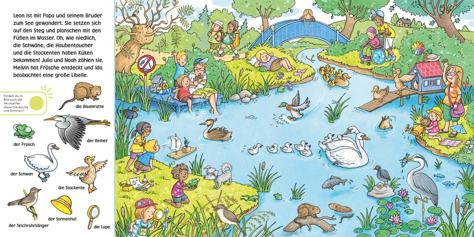 Beispielinhalt (Bild) Hör mal (Soundbuch): Wimmelbuch: Wald und Wiese