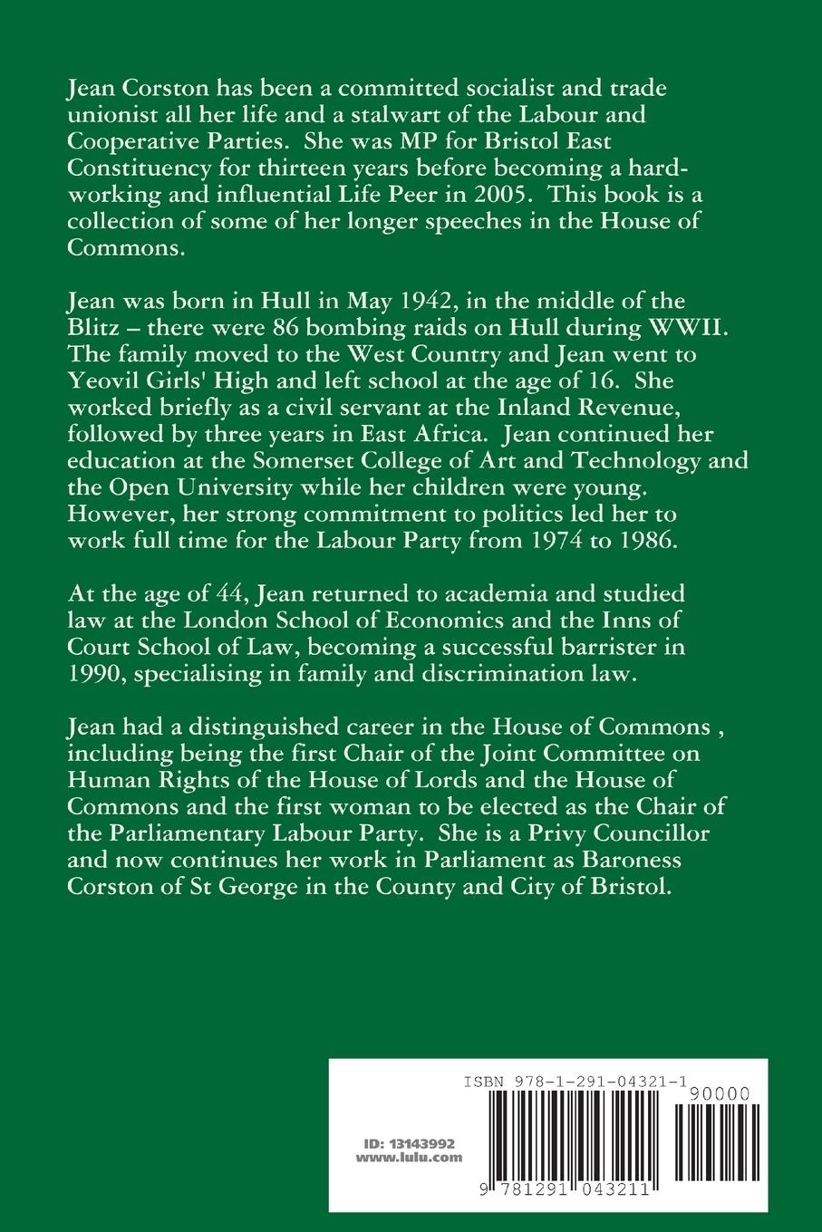 Rückseitencover Jean Corston MP Speeches to Parliament 1992 to 2005