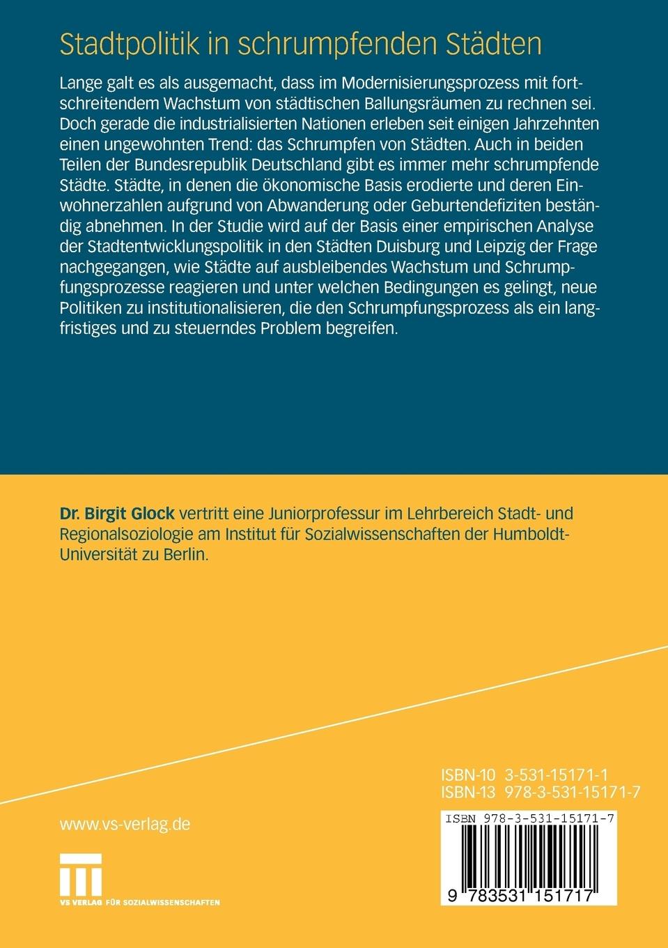 Rückseitencover Stadtpolitik in schrumpfenden Städten