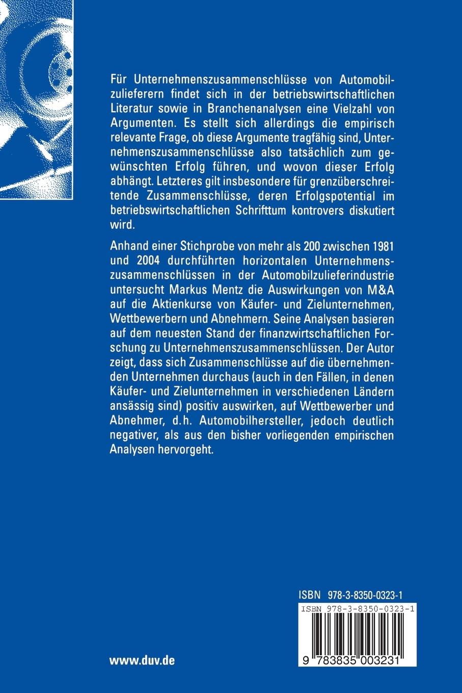 Rückseitencover Mergers & Acquisitions in der Automobilzulieferindustrie