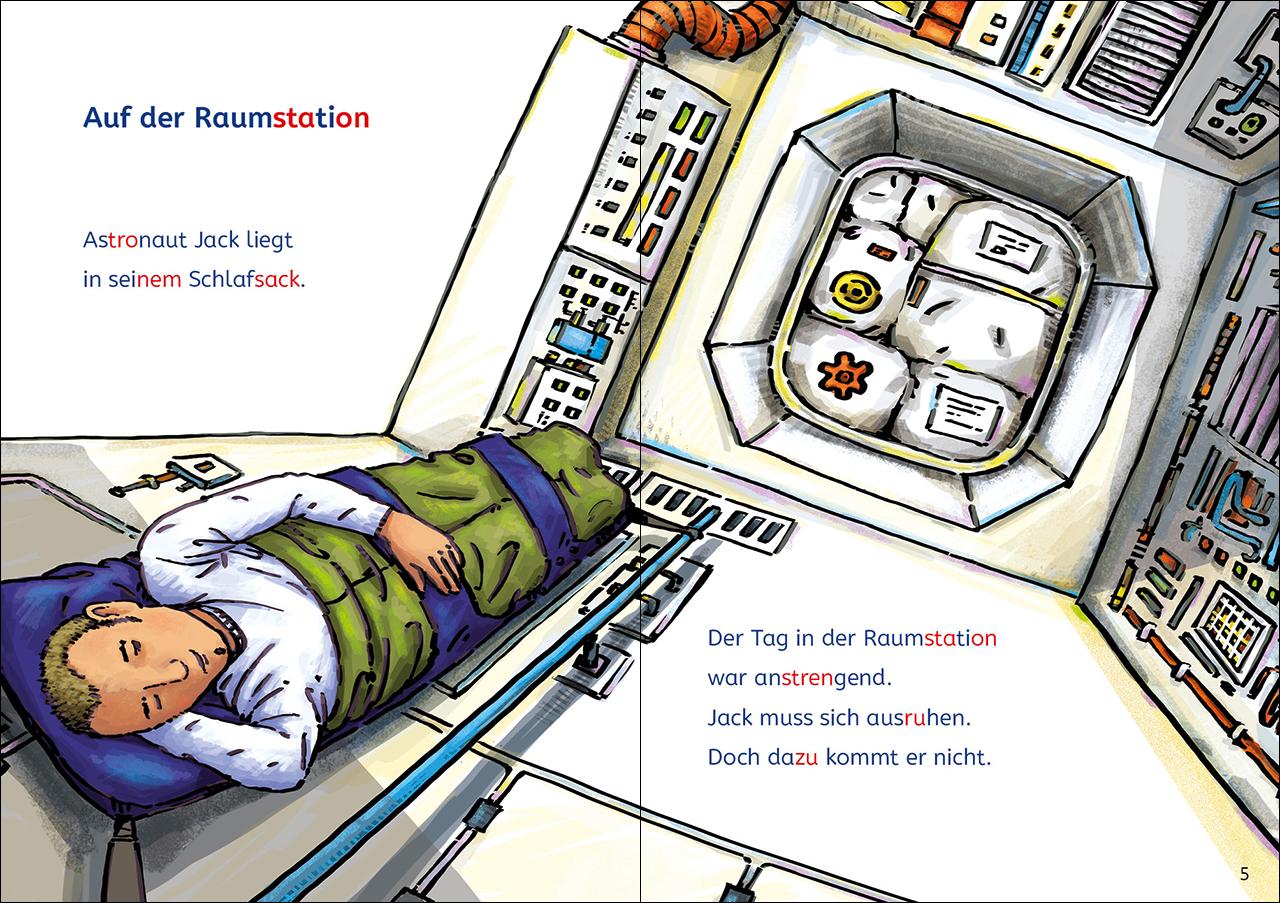 Beispielinhalt (Bild) Leselöwen Lesetraining 1. Klasse - Alarm auf der Weltraumstation