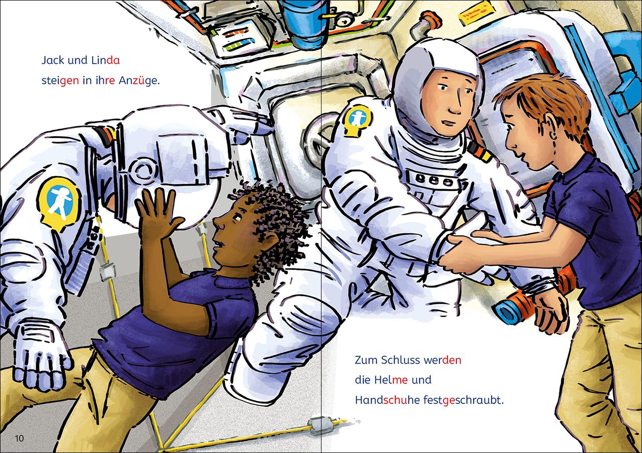 Beispielinhalt (Bild) Leselöwen Lesetraining 1. Klasse - Alarm auf der Weltraumstation