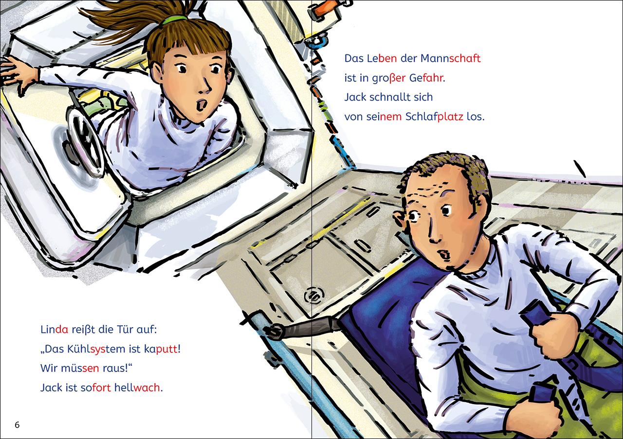 Beispielinhalt (Bild) Leselöwen Lesetraining 1. Klasse - Alarm auf der Weltraumstation