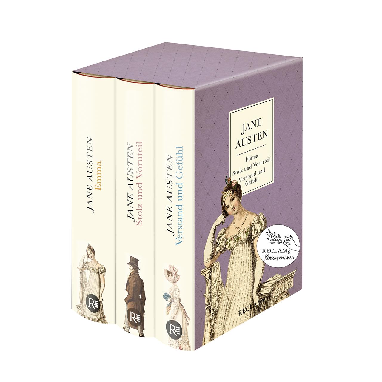 Vorderes Coverbild 3 Bücher von Jane Austen im Schuber - Emma, Stolz und Vorurteil, Verstand und Gefühl - Reclam